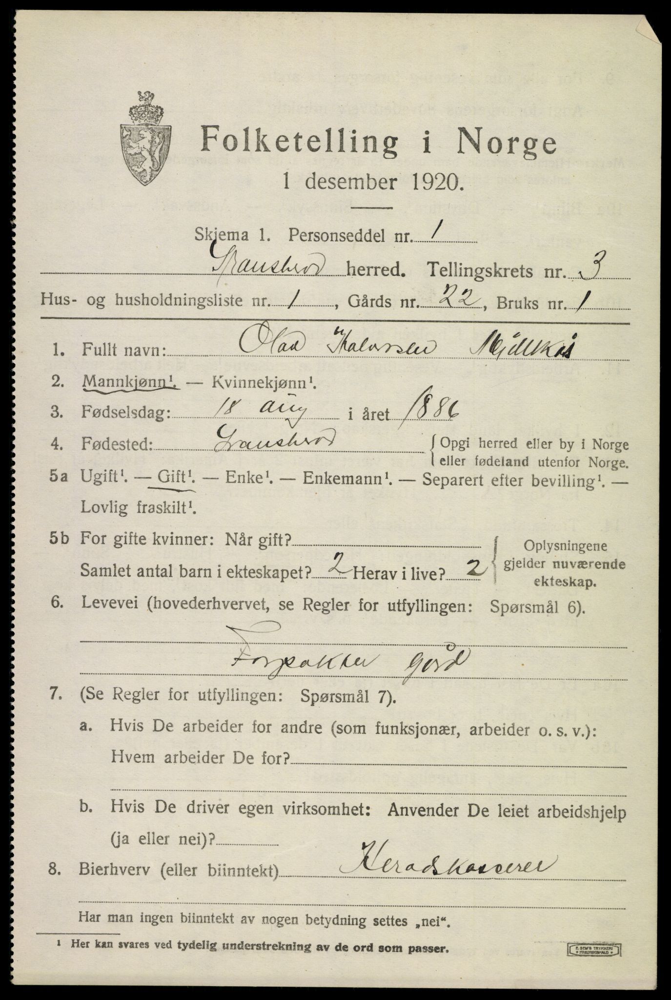 SAKO, 1920 census for Gransherad, 1920, p. 1404