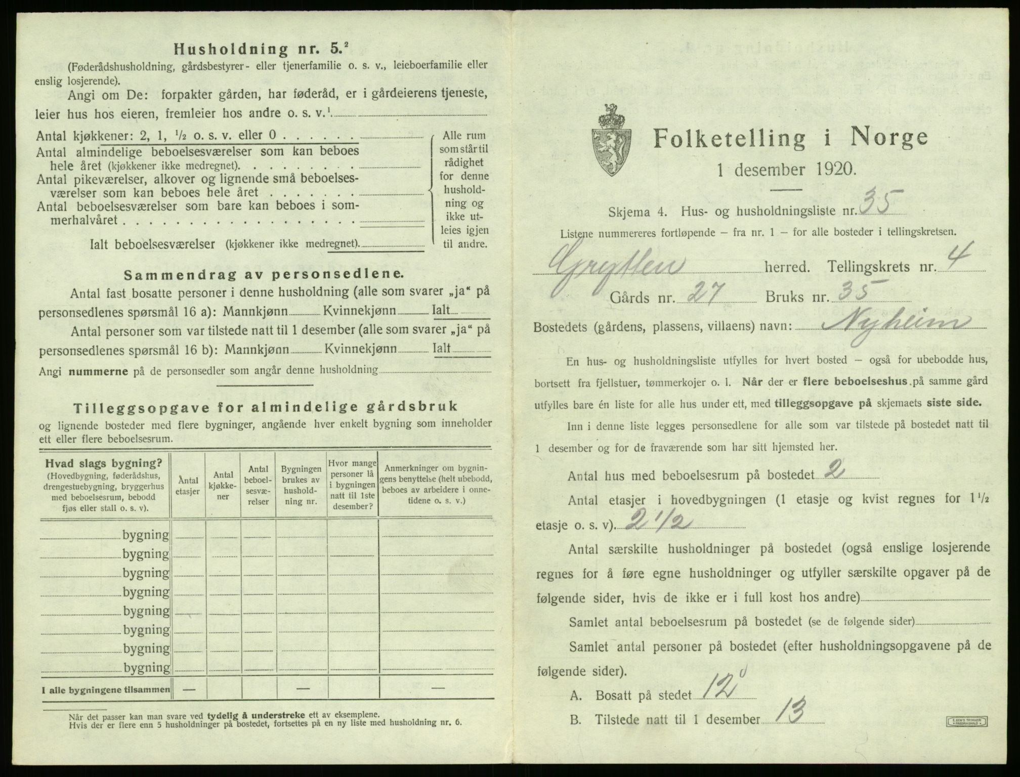 SAT, 1920 census for Grytten, 1920, p. 426