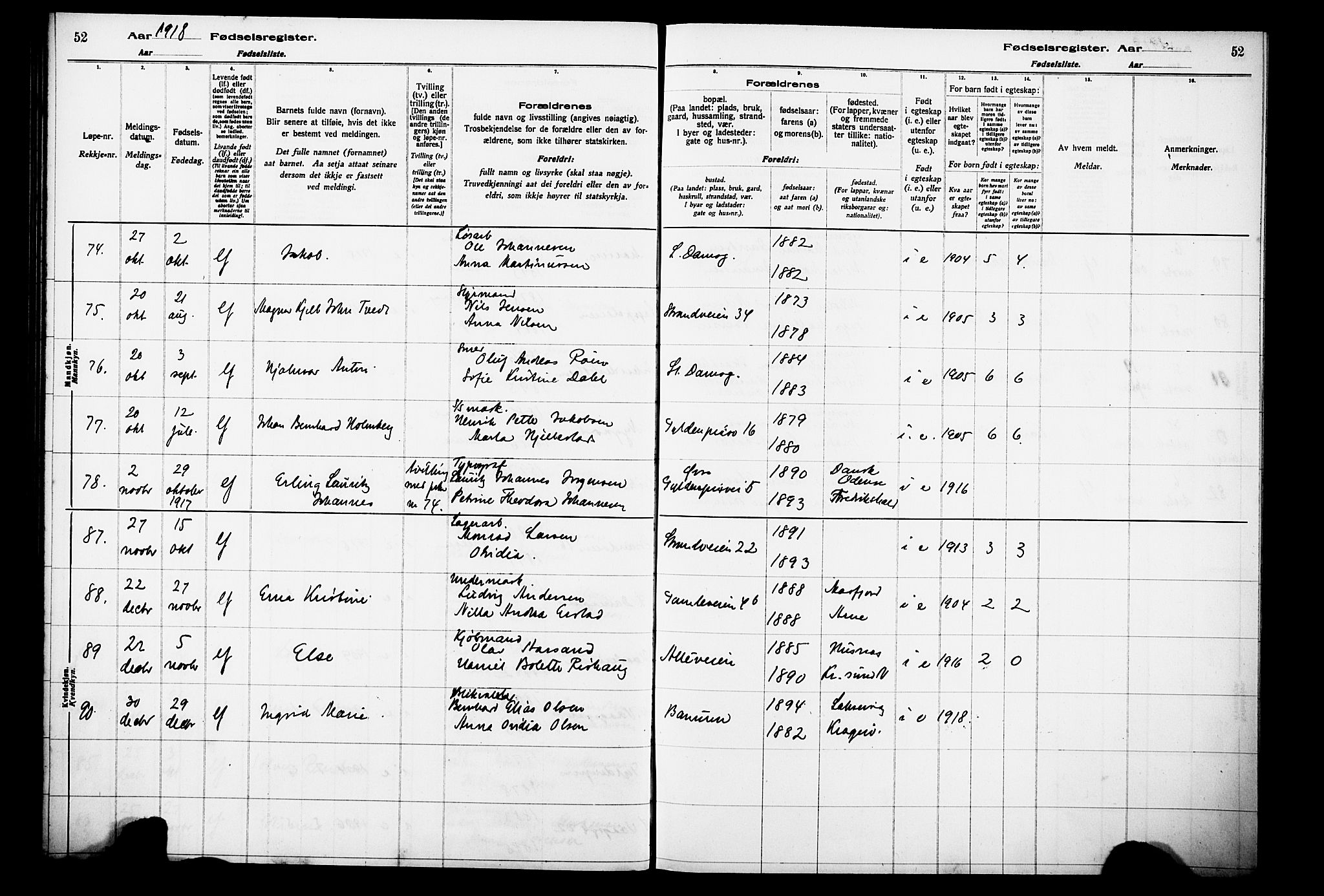 Laksevåg Sokneprestembete, AV/SAB-A-76501/I/Id/L00A1: Birth register no. A 1, 1916-1926, p. 52