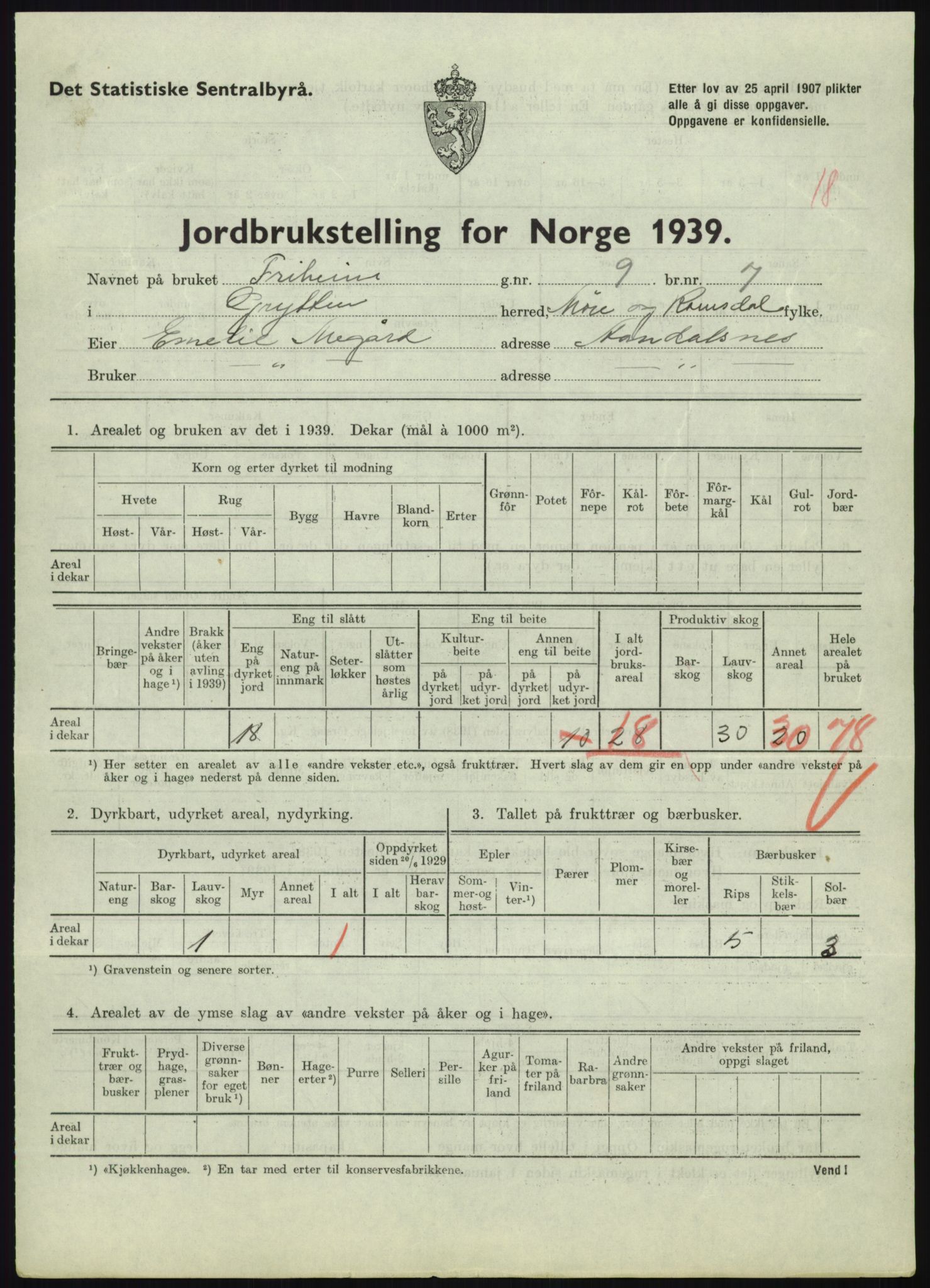 Statistisk sentralbyrå, Næringsøkonomiske emner, Jordbruk, skogbruk, jakt, fiske og fangst, AV/RA-S-2234/G/Gb/L0251: Møre og Romsdal: Voll, Eid, Grytten og Hen, 1939, p. 597