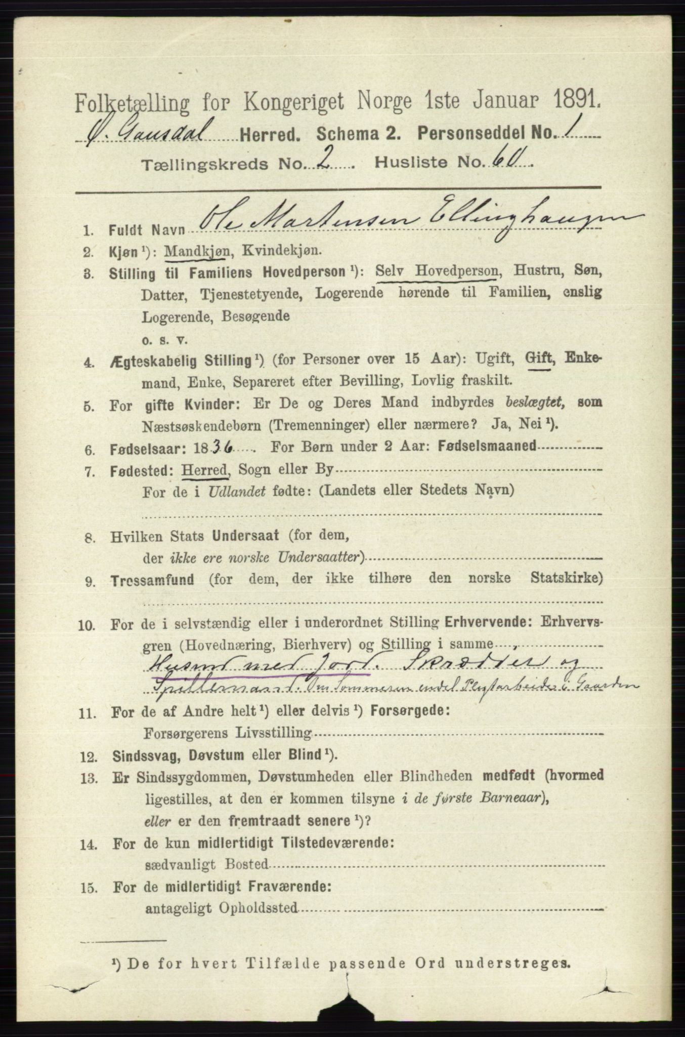 RA, 1891 census for 0522 Østre Gausdal, 1891, p. 1597