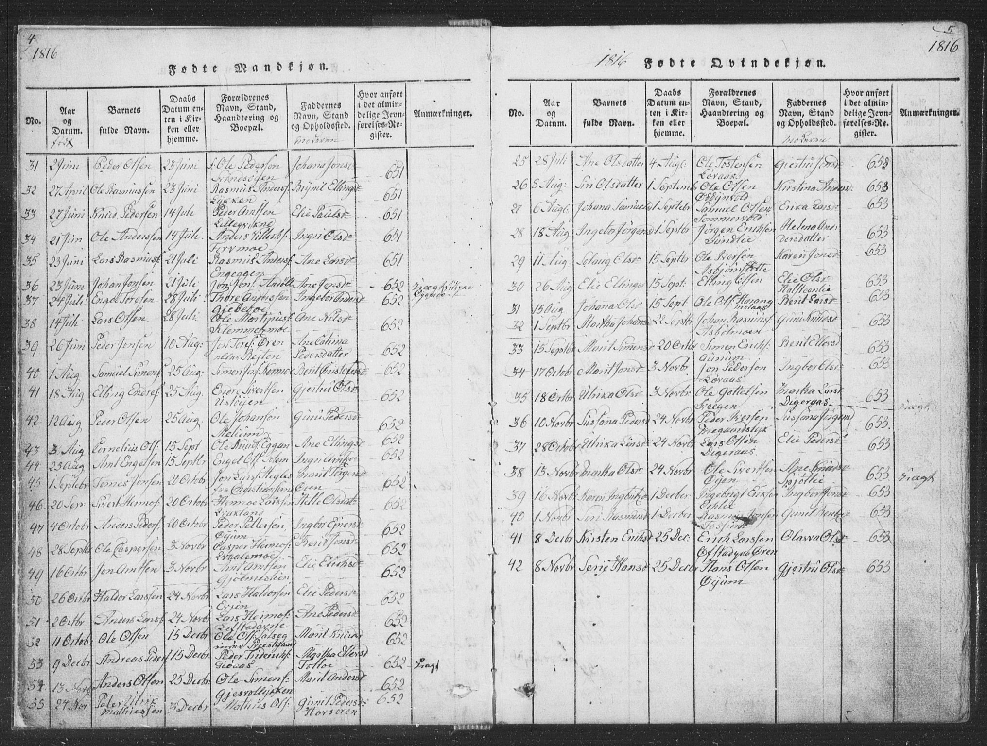 Ministerialprotokoller, klokkerbøker og fødselsregistre - Sør-Trøndelag, SAT/A-1456/668/L0816: Parish register (copy) no. 668C05, 1816-1893, p. 4-5