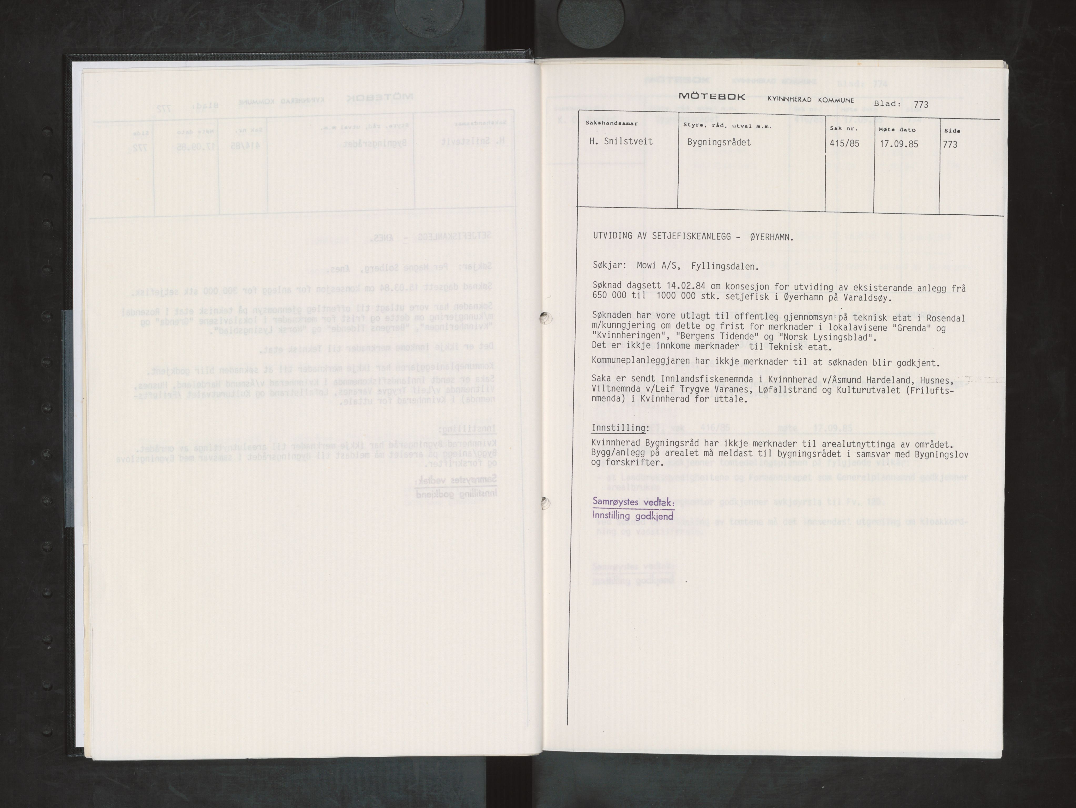 Kvinnherad kommune. Bygningsrådet , IKAH/1224-511/A/Aa/L0046: Møtebok for Kvinnherad bygningsråd, 1985