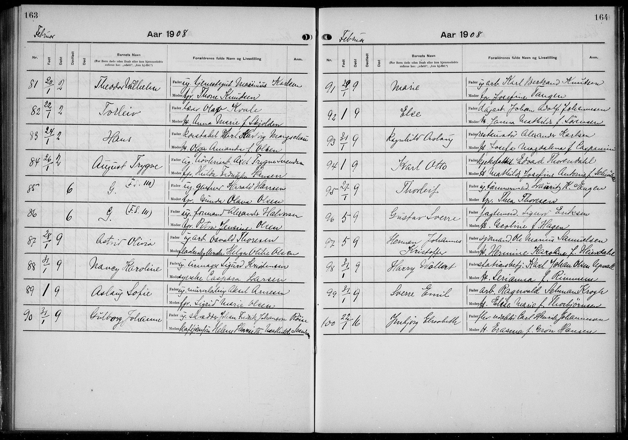 Rikshospitalet prestekontor Kirkebøker, AV/SAO-A-10309b/K/L0006/0002: Baptism register no. 6.2, 1906-1908, p. 163-164