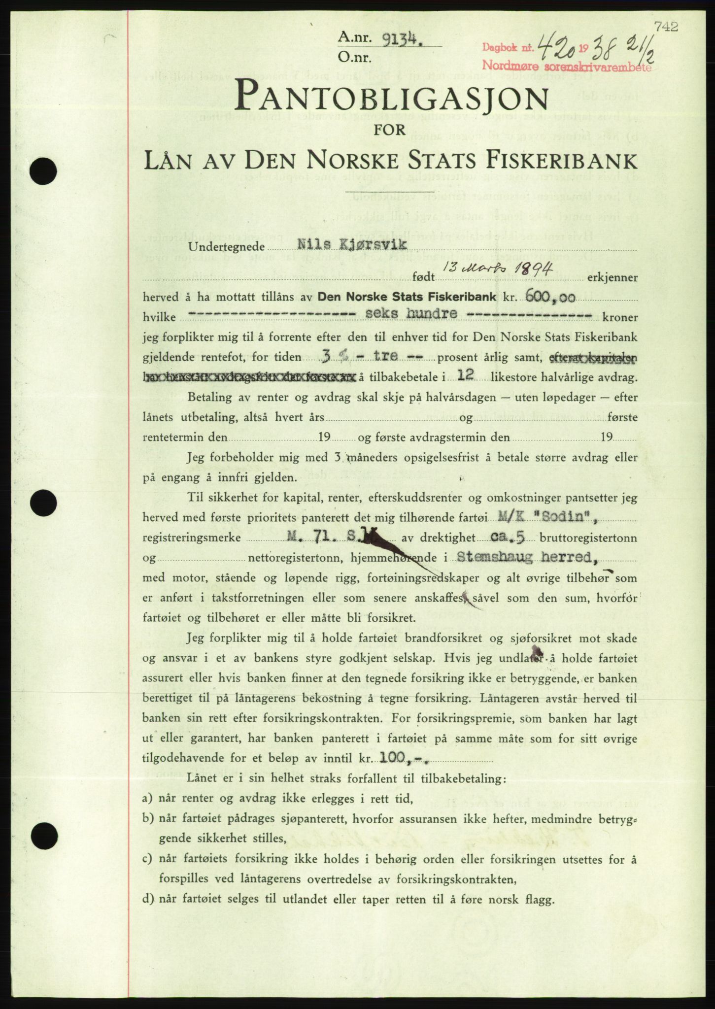 Nordmøre sorenskriveri, AV/SAT-A-4132/1/2/2Ca/L0092: Mortgage book no. B82, 1937-1938, Diary no: : 420/1938