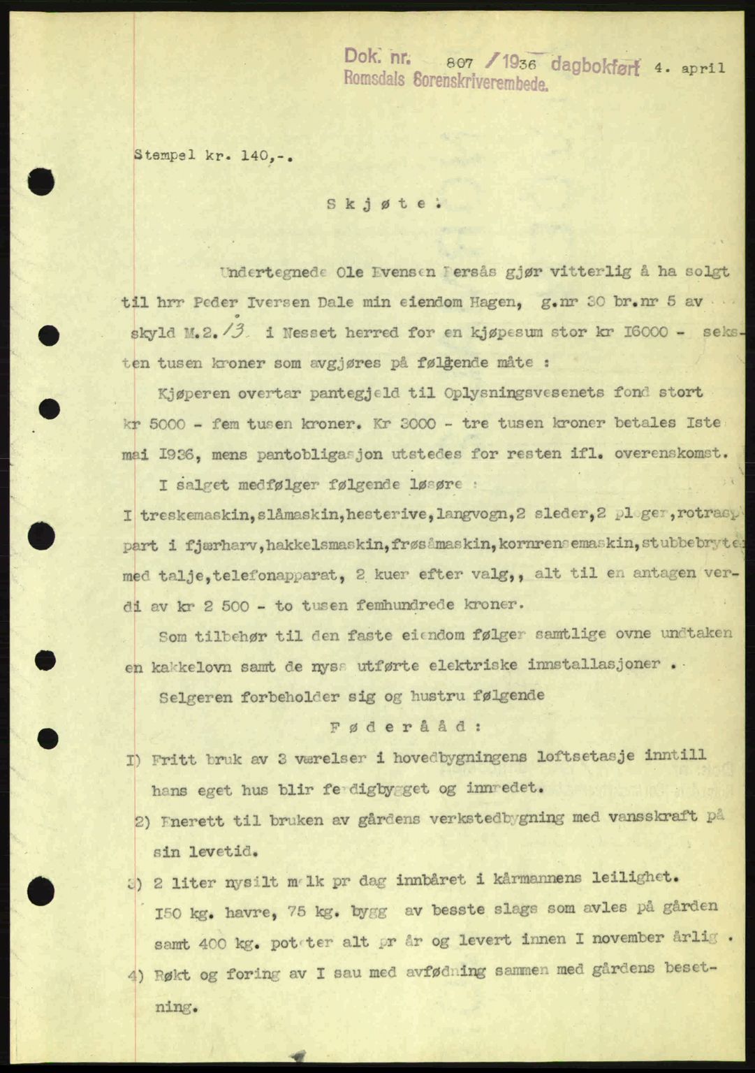 Romsdal sorenskriveri, AV/SAT-A-4149/1/2/2C: Mortgage book no. A1, 1936-1936, Diary no: : 807/1936