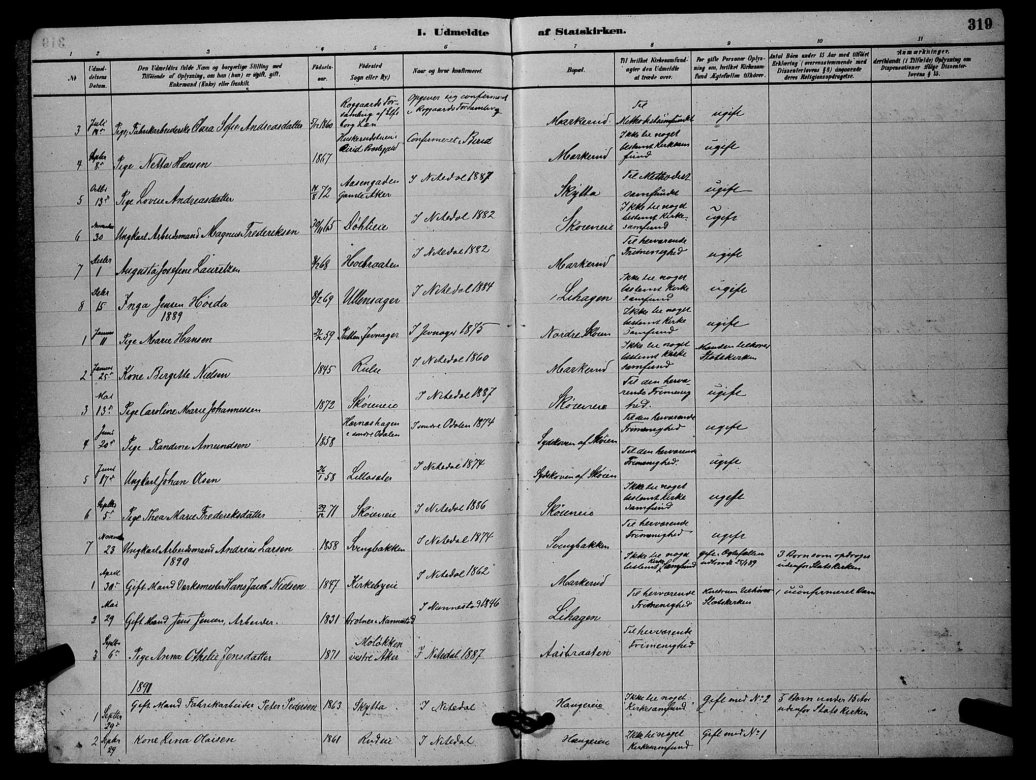 Nittedal prestekontor Kirkebøker, SAO/A-10365a/G/Ga/L0002: Parish register (copy) no. I 2, 1879-1901, p. 319