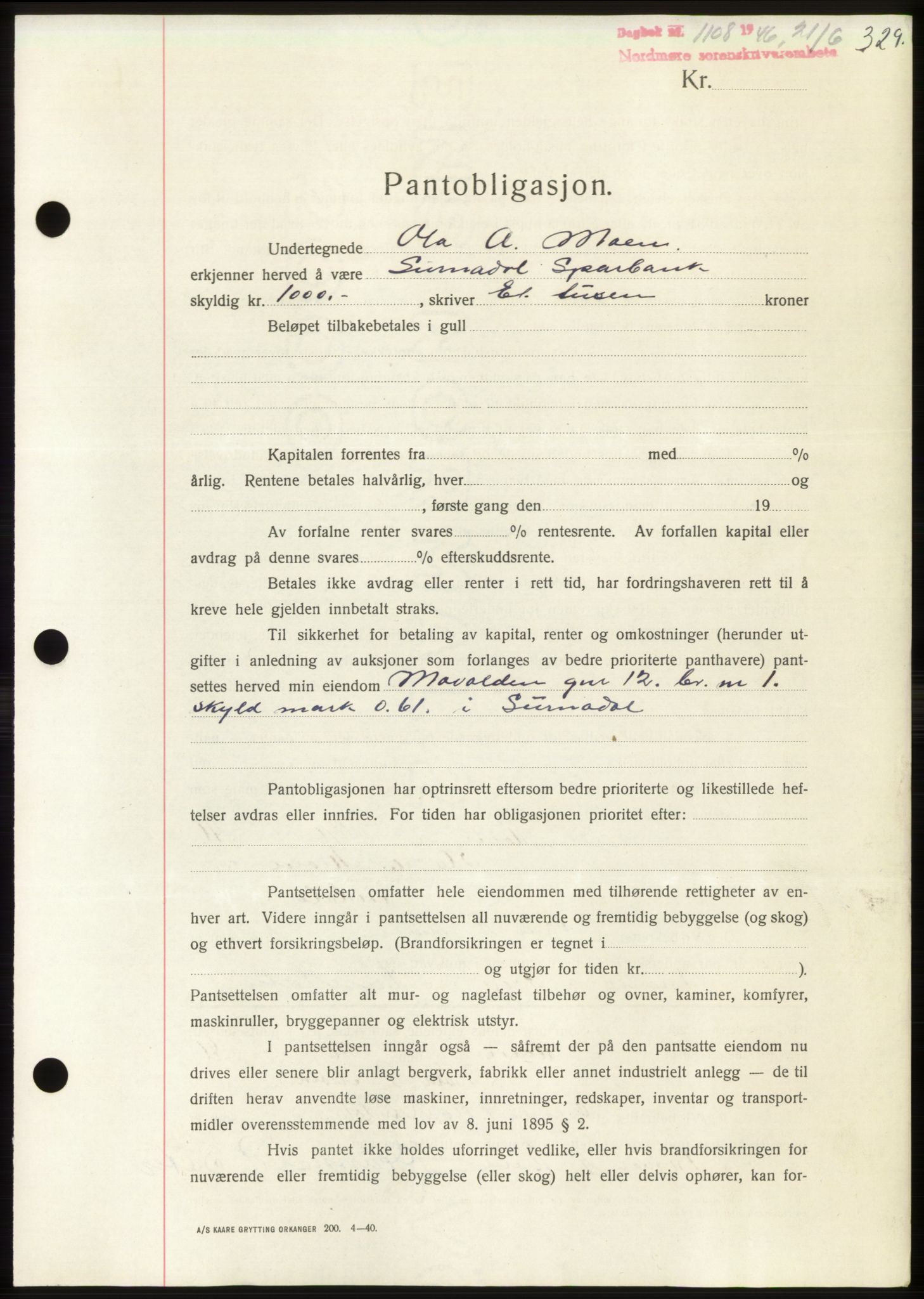 Nordmøre sorenskriveri, AV/SAT-A-4132/1/2/2Ca: Mortgage book no. B94, 1946-1946, Diary no: : 1108/1946