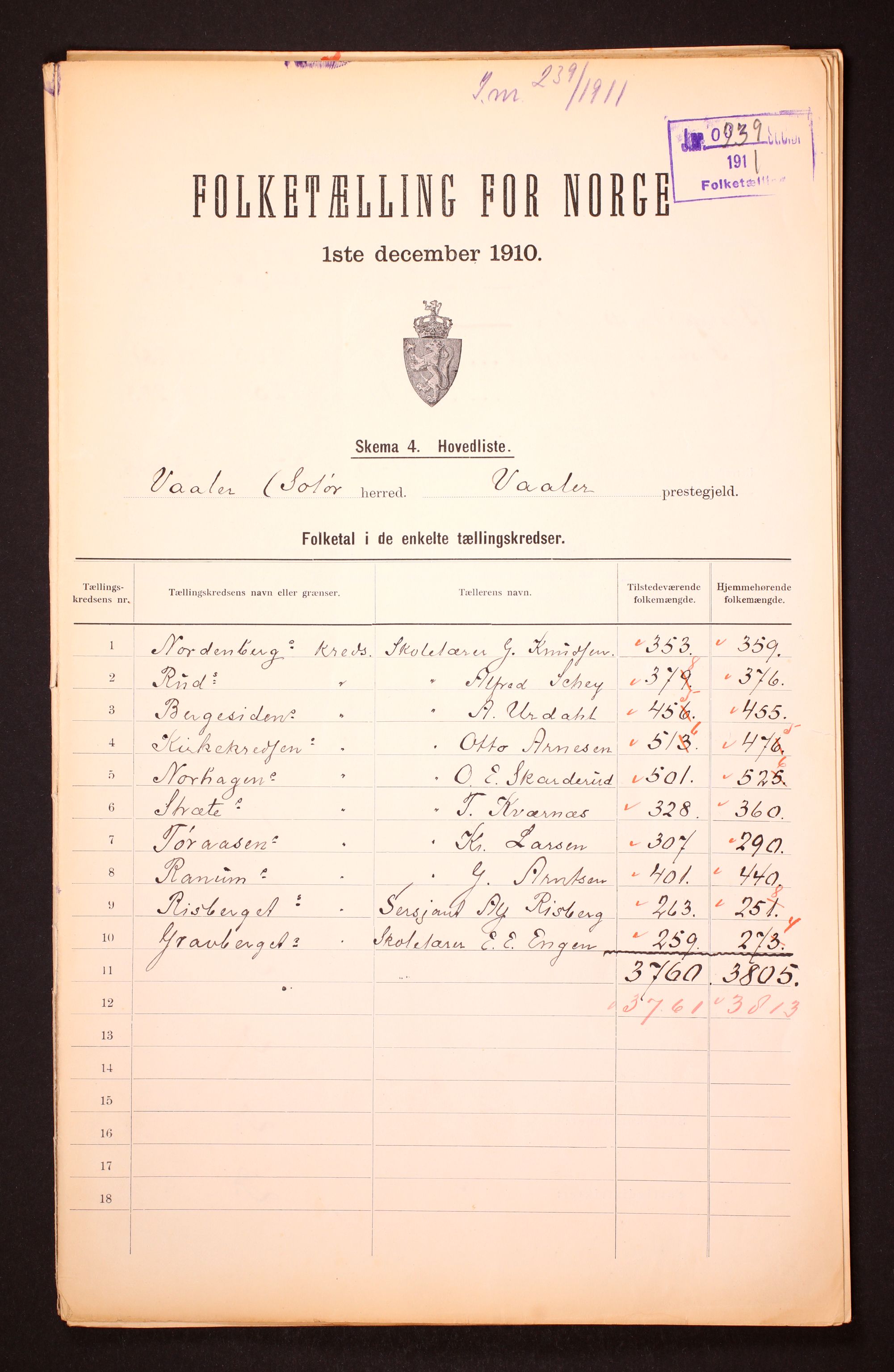 RA, 1910 census for Våler, 1910, p. 2