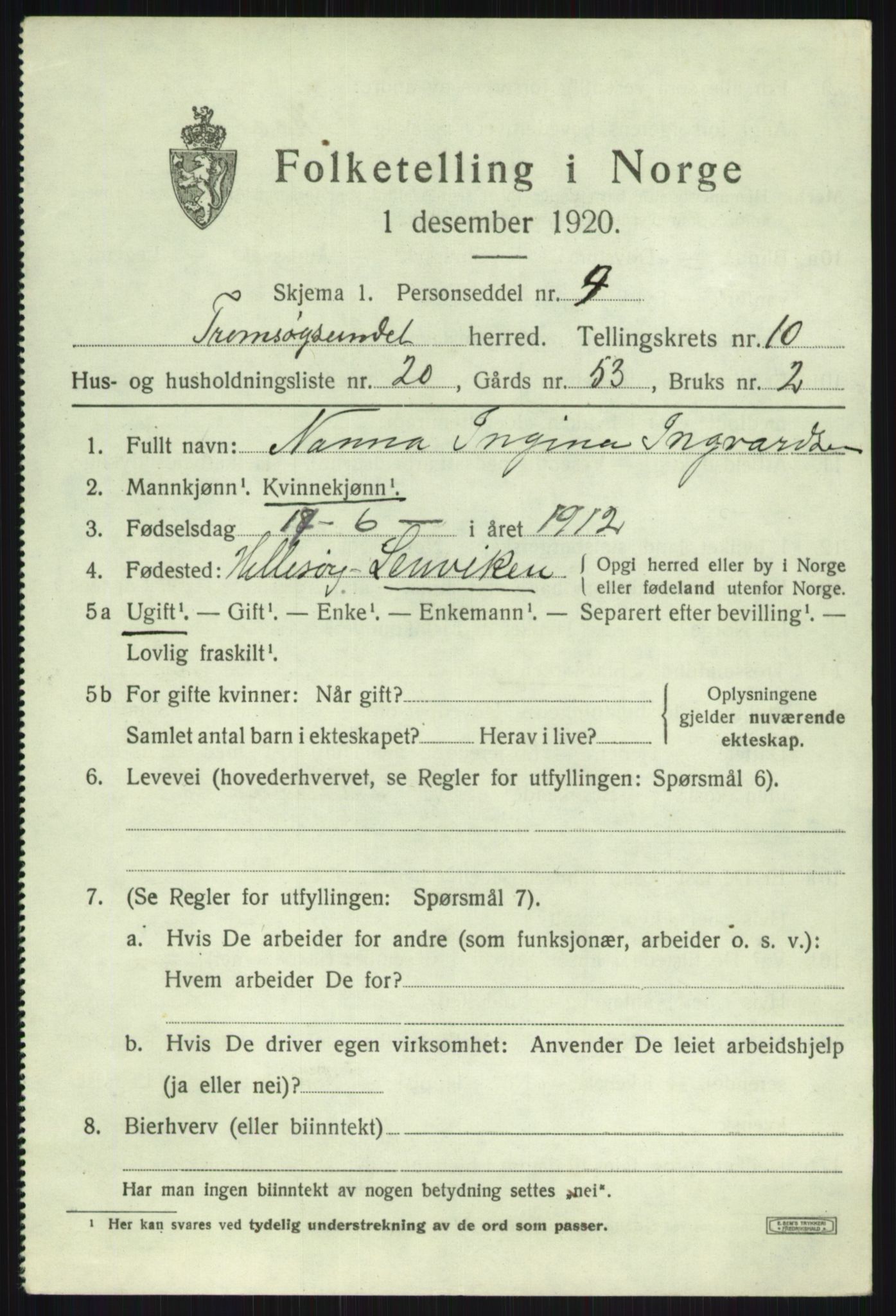 SATØ, 1920 census for Tromsøysund, 1920, p. 7208
