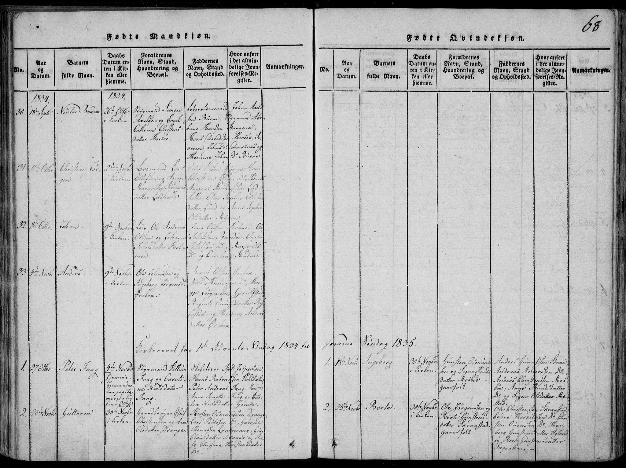 Oddernes sokneprestkontor, AV/SAK-1111-0033/F/Fa/Faa/L0005: Parish register (official) no. A 5, 1820-1838, p. 68