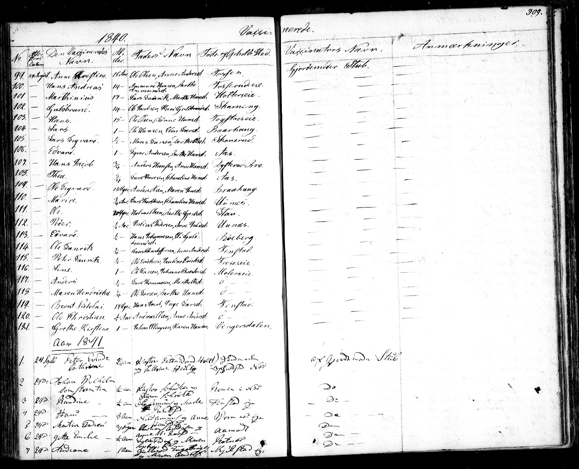 Nes prestekontor Kirkebøker, SAO/A-10410/F/Fa/L0006: Parish register (official) no. I 6, 1833-1845, p. 309