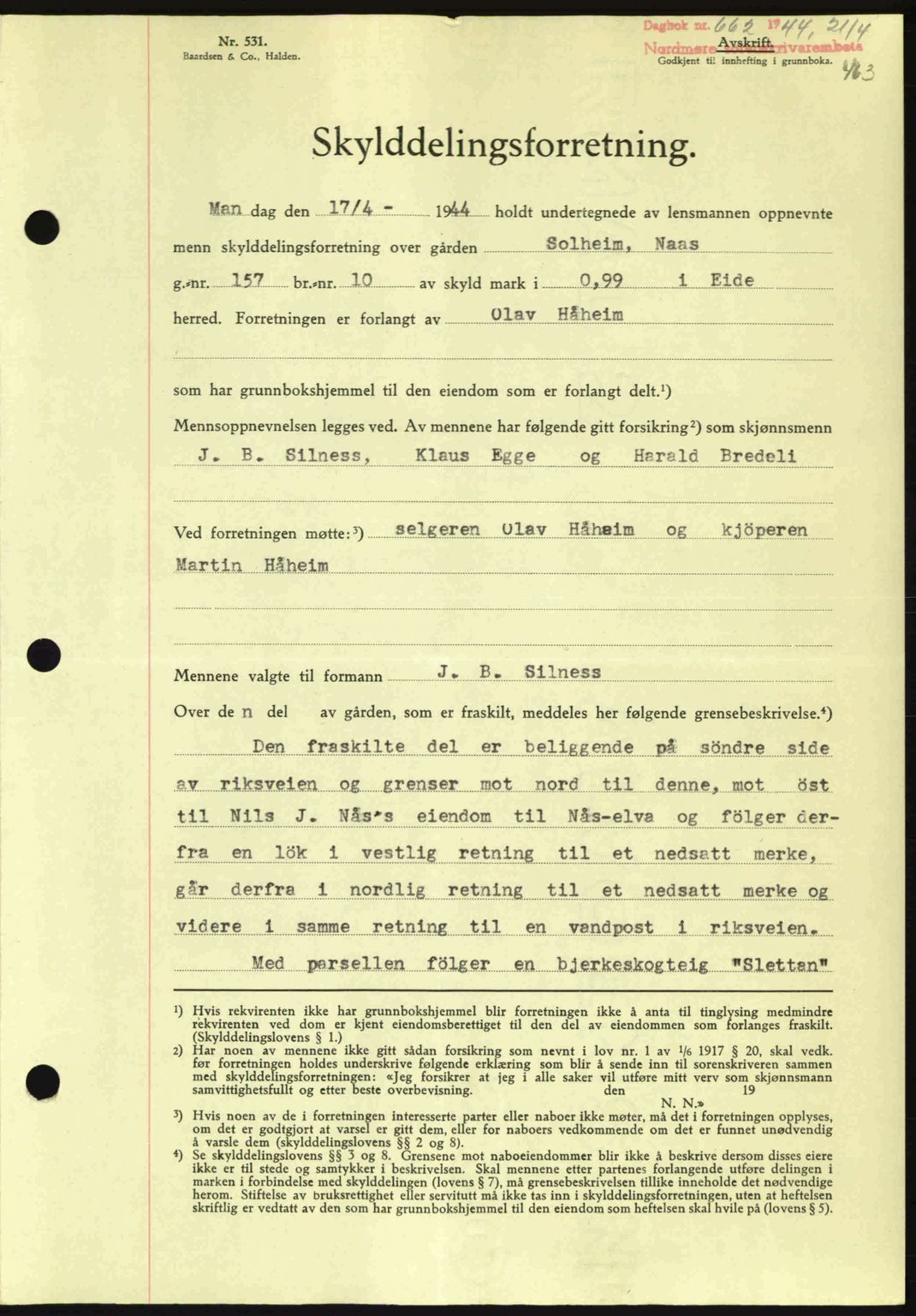 Nordmøre sorenskriveri, AV/SAT-A-4132/1/2/2Ca: Mortgage book no. A97, 1944-1944, Diary no: : 662/1944