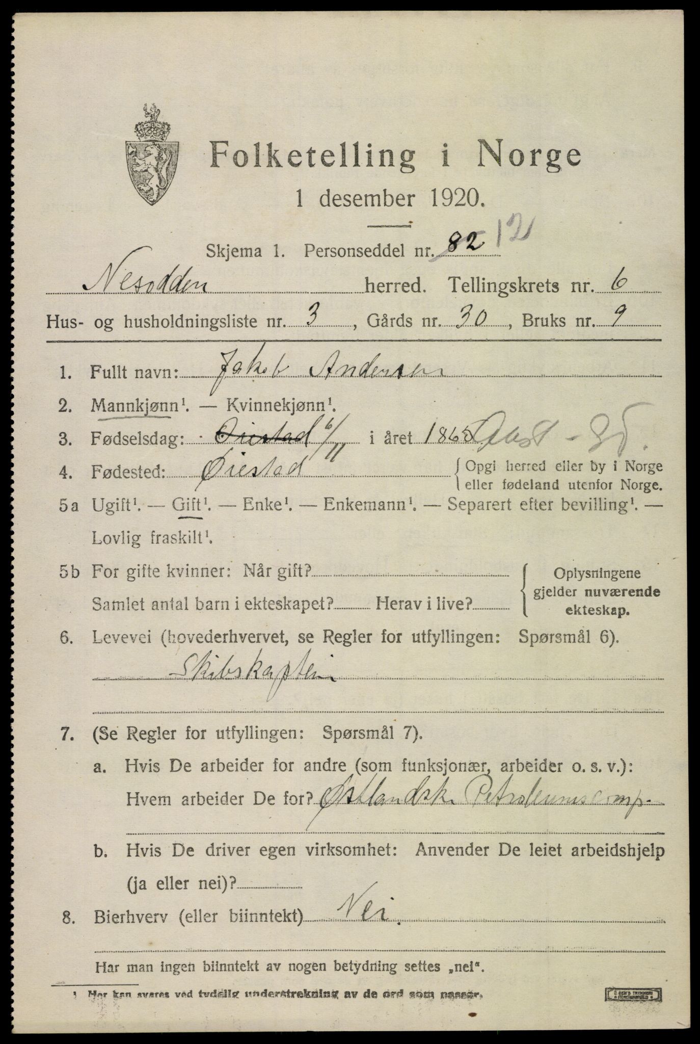 SAO, 1920 census for Nesodden, 1920, p. 5531