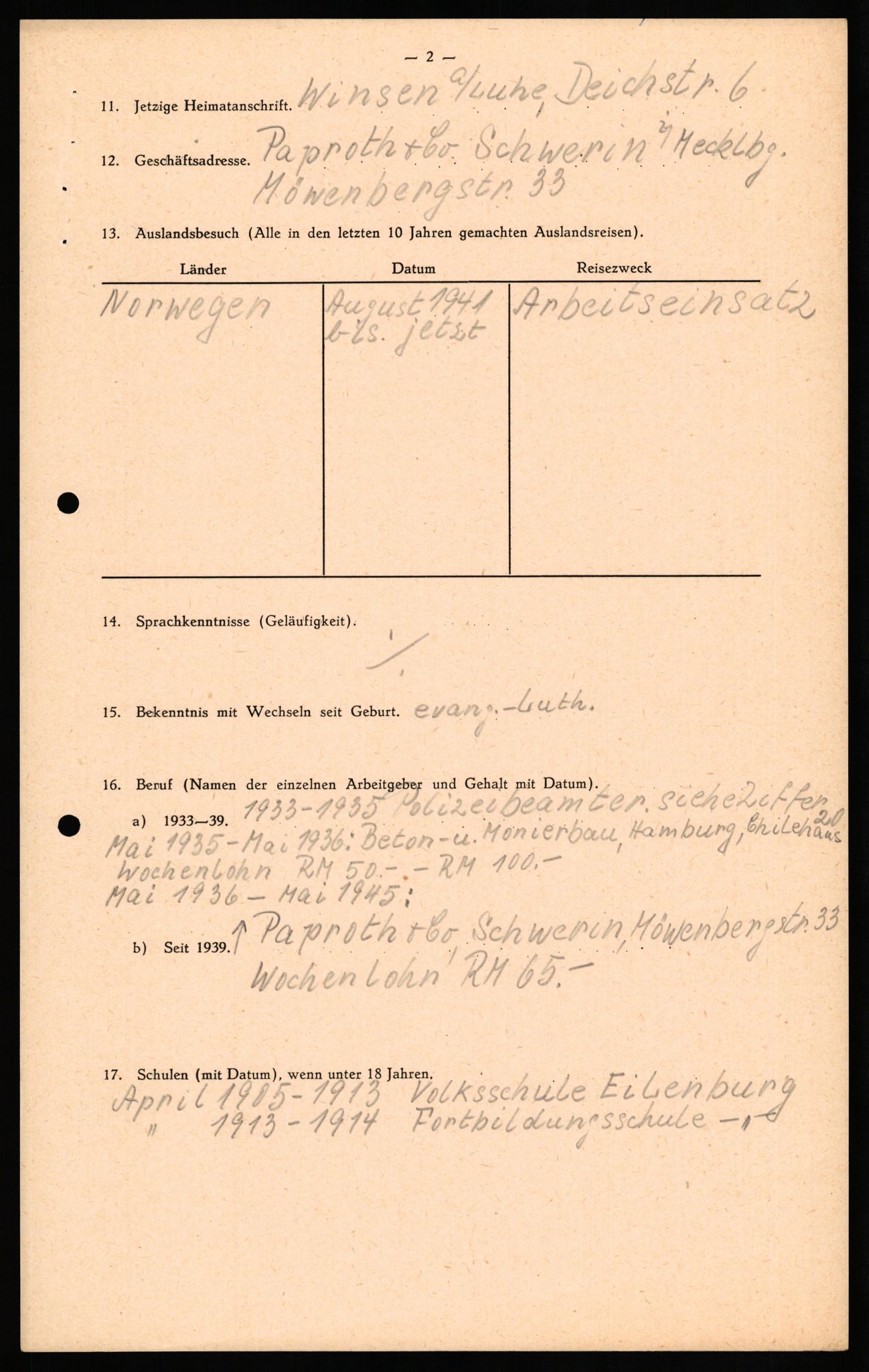 Forsvaret, Forsvarets overkommando II, RA/RAFA-3915/D/Db/L0027: CI Questionaires. Tyske okkupasjonsstyrker i Norge. Tyskere., 1945-1946, p. 344