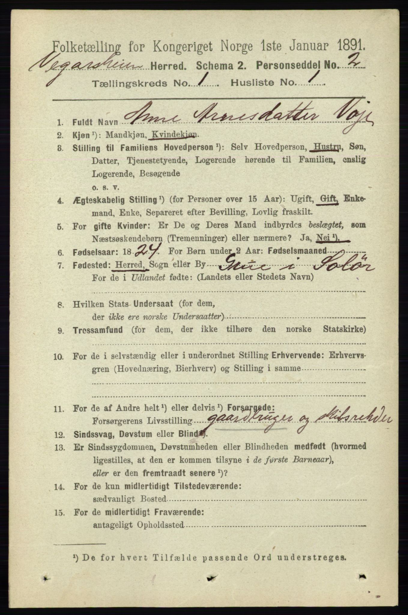 RA, 1891 census for 0912 Vegårshei, 1891, p. 67