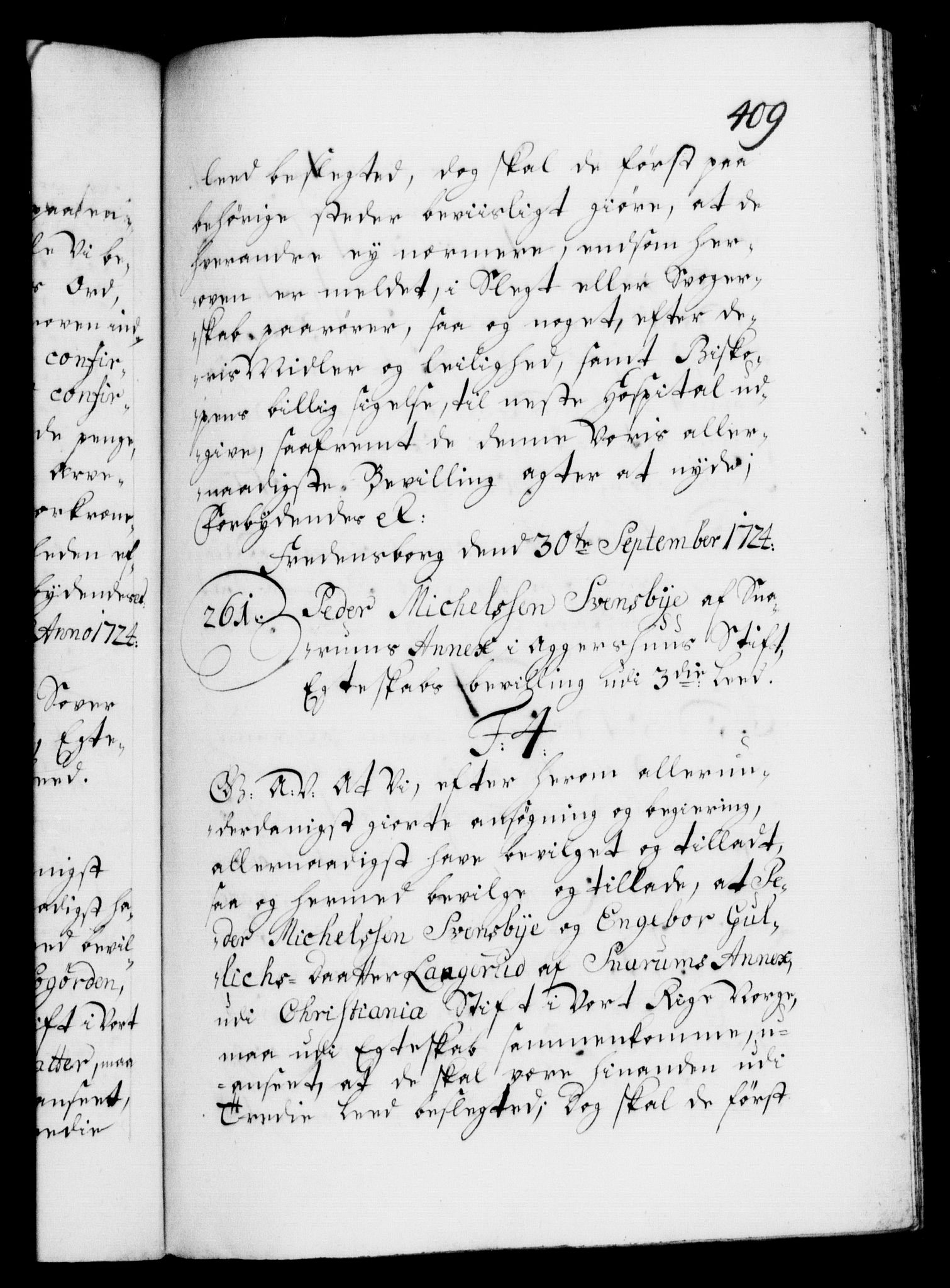 Danske Kanselli 1572-1799, AV/RA-EA-3023/F/Fc/Fca/Fcaa/L0024: Norske registre, 1723-1725, p. 409a