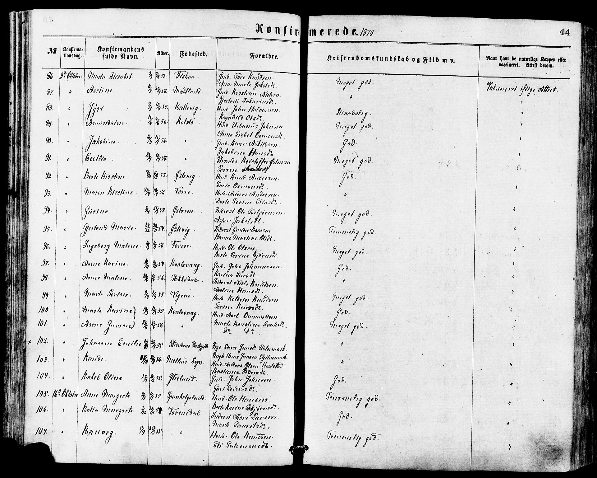 Avaldsnes sokneprestkontor, AV/SAST-A -101851/H/Ha/Haa/L0012: Parish register (official) no. A 12, 1865-1880, p. 44