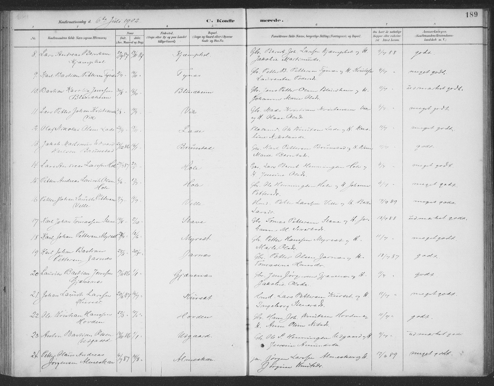 Ministerialprotokoller, klokkerbøker og fødselsregistre - Møre og Romsdal, SAT/A-1454/523/L0335: Parish register (official) no. 523A02, 1891-1911, p. 189