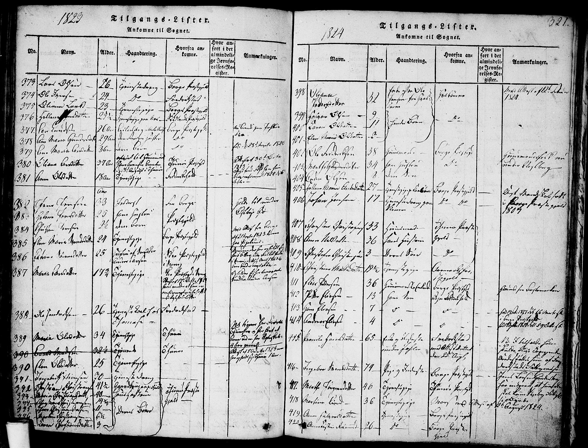Skjeberg prestekontor Kirkebøker, SAO/A-10923/F/Fa/L0004: Parish register (official) no. I 4, 1815-1830, p. 321