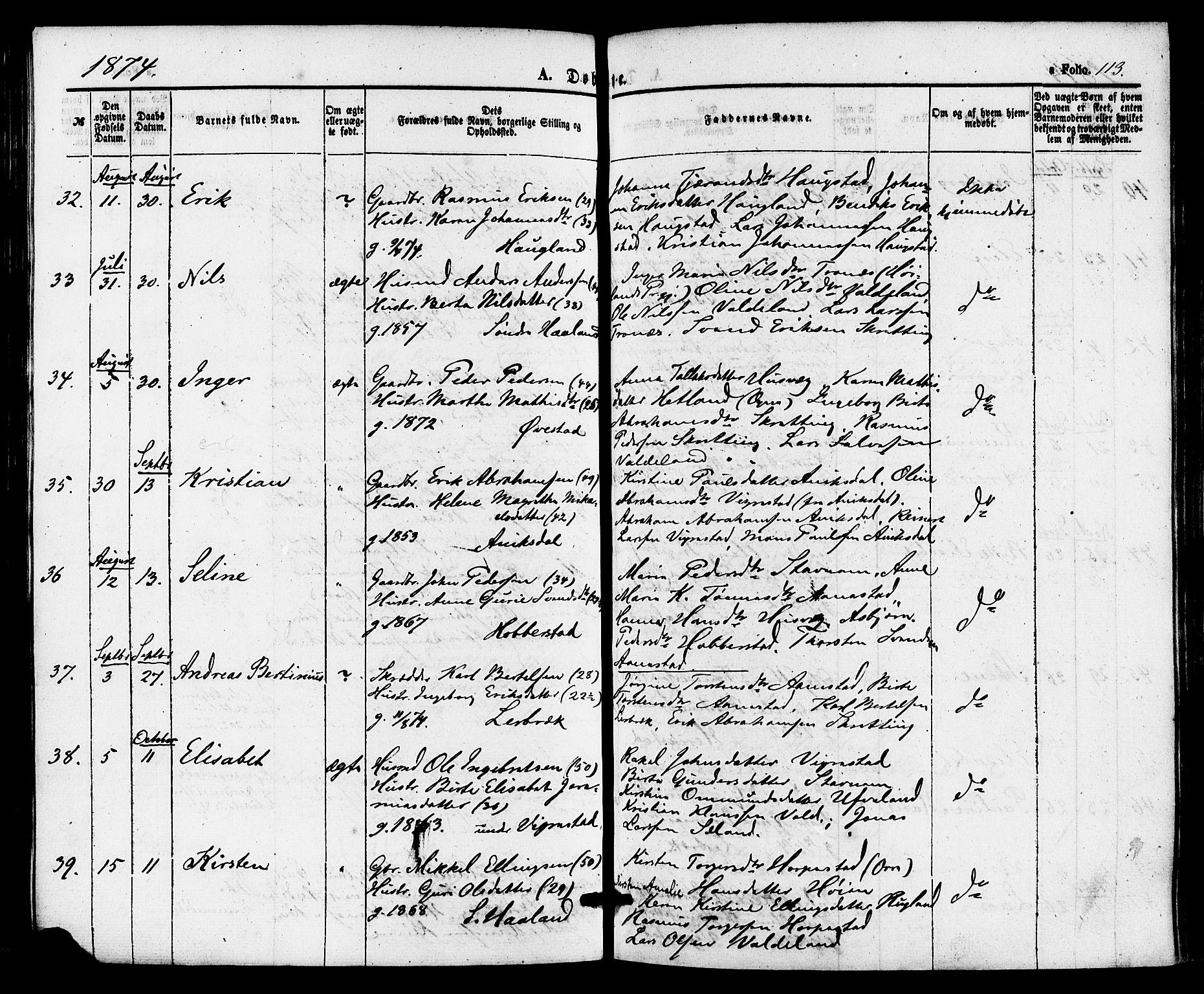 Hå sokneprestkontor, AV/SAST-A-101801/001/30BA/L0009: Parish register (official) no. A 8, 1855-1878, p. 113