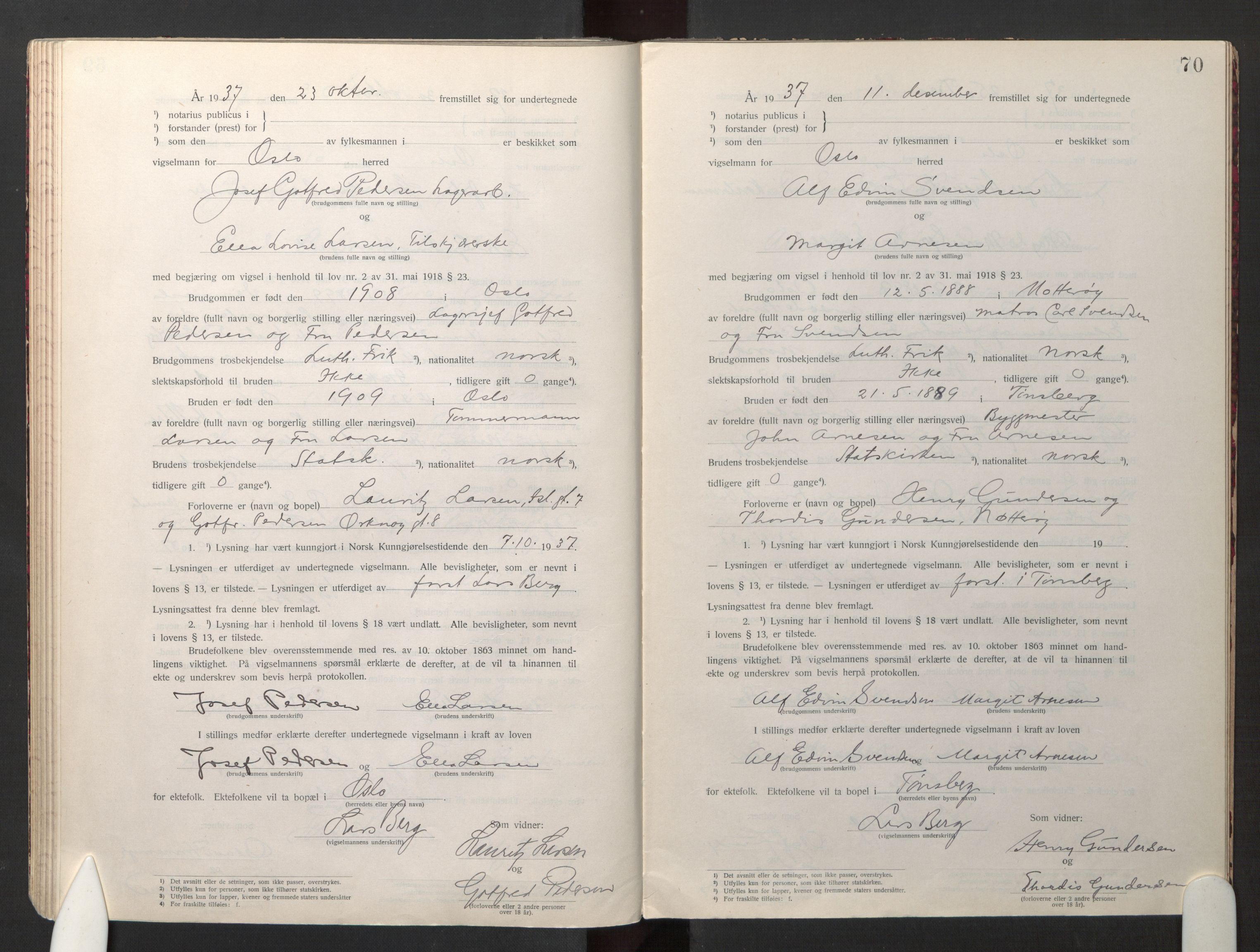 Den evangelisk-lutherske frikirke østre menighet, Oslo, AV/SAO-PAO-0245/F/L0005: Marriage register (dissenter) no. 5, 1920-1941, p. 70