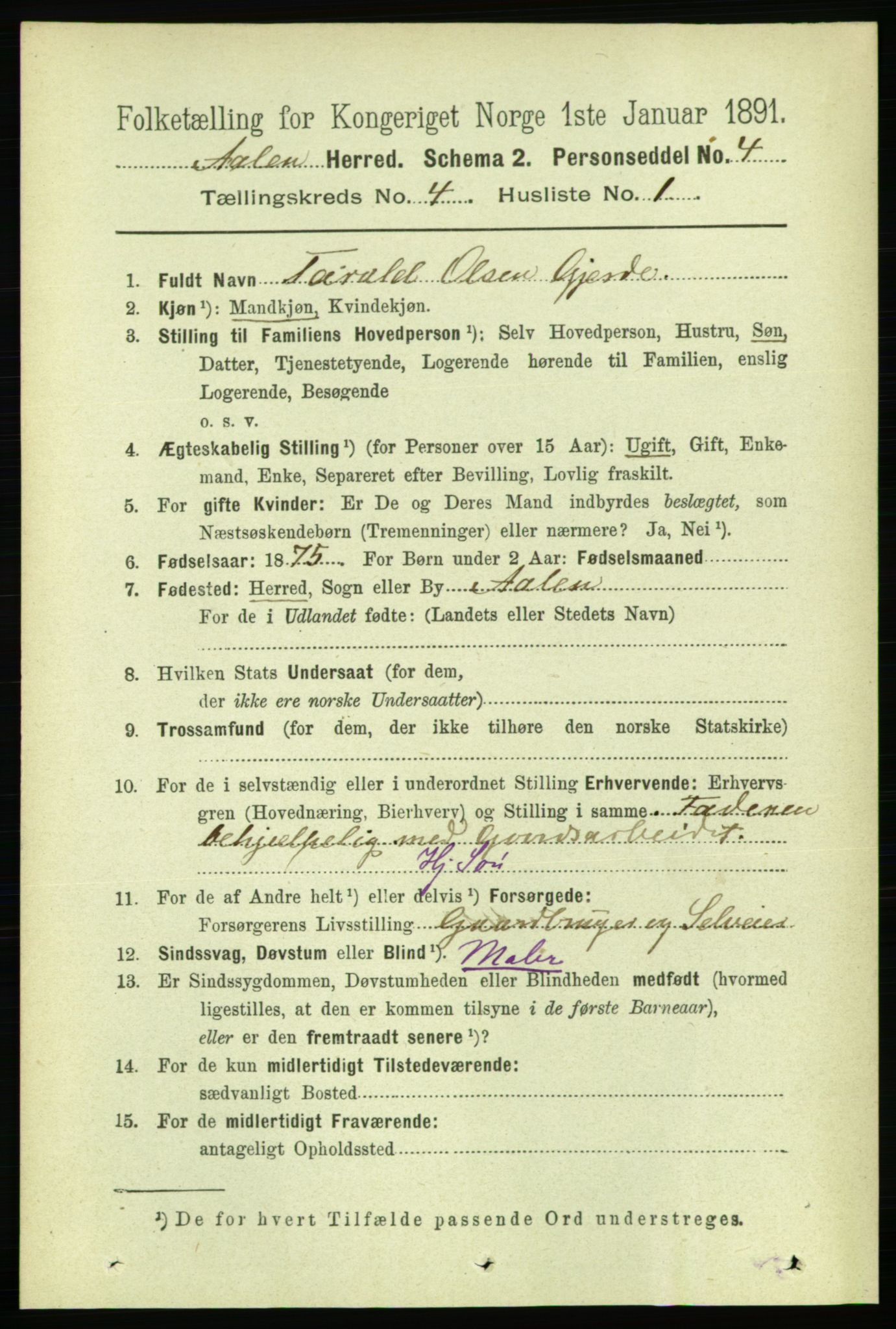 RA, 1891 census for 1644 Ålen, 1891, p. 1169