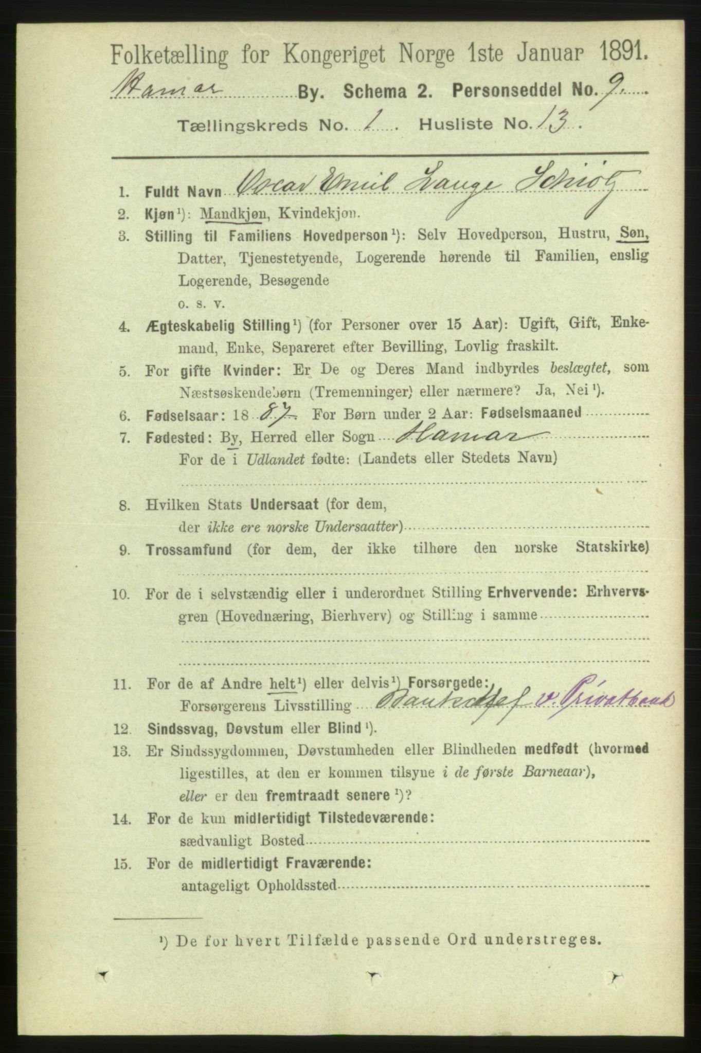 RA, 1891 census for 0401 Hamar, 1891, p. 179