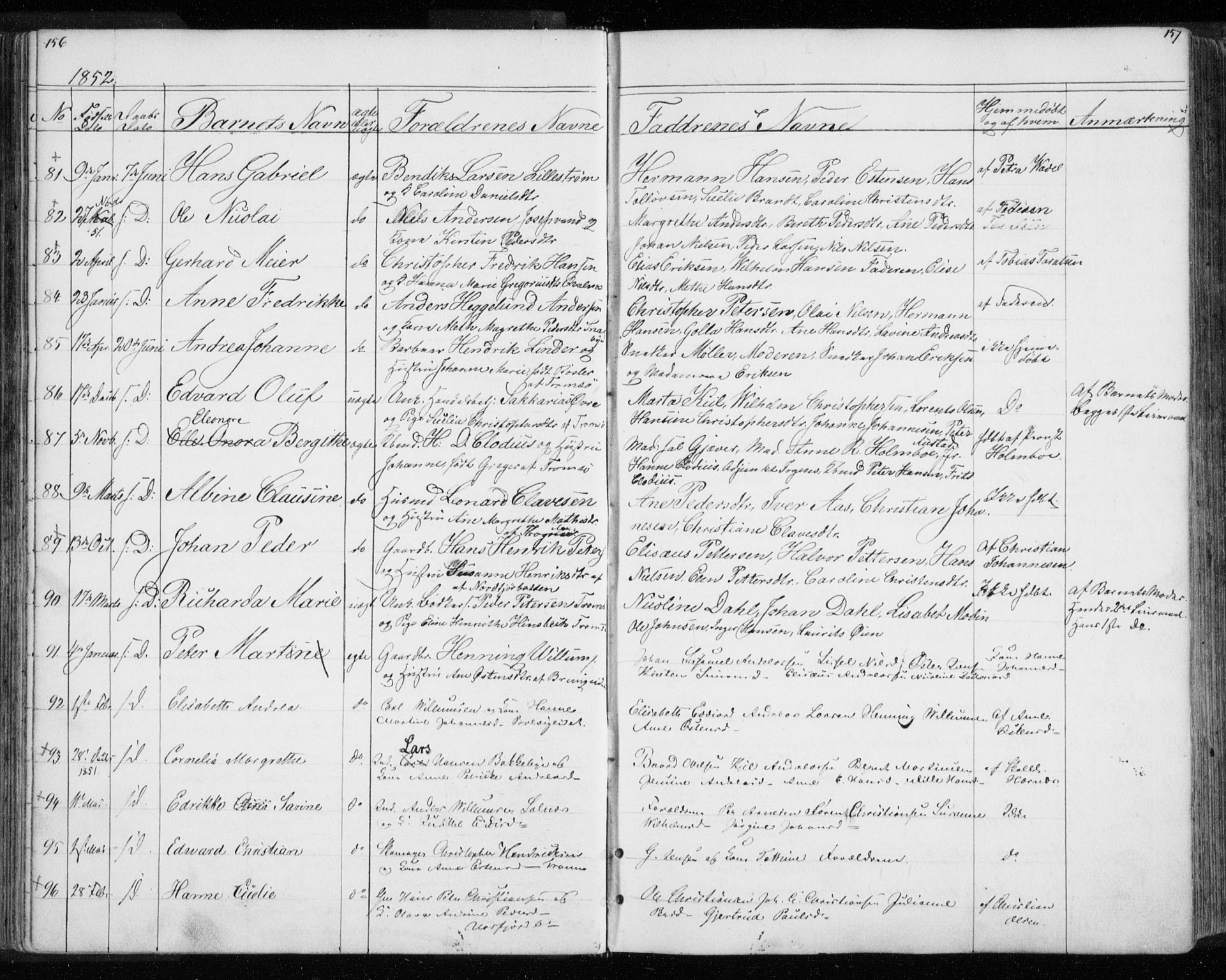 Tromsø sokneprestkontor/stiftsprosti/domprosti, AV/SATØ-S-1343/G/Gb/L0005klokker: Parish register (copy) no. 5, 1846-1857, p. 156-157