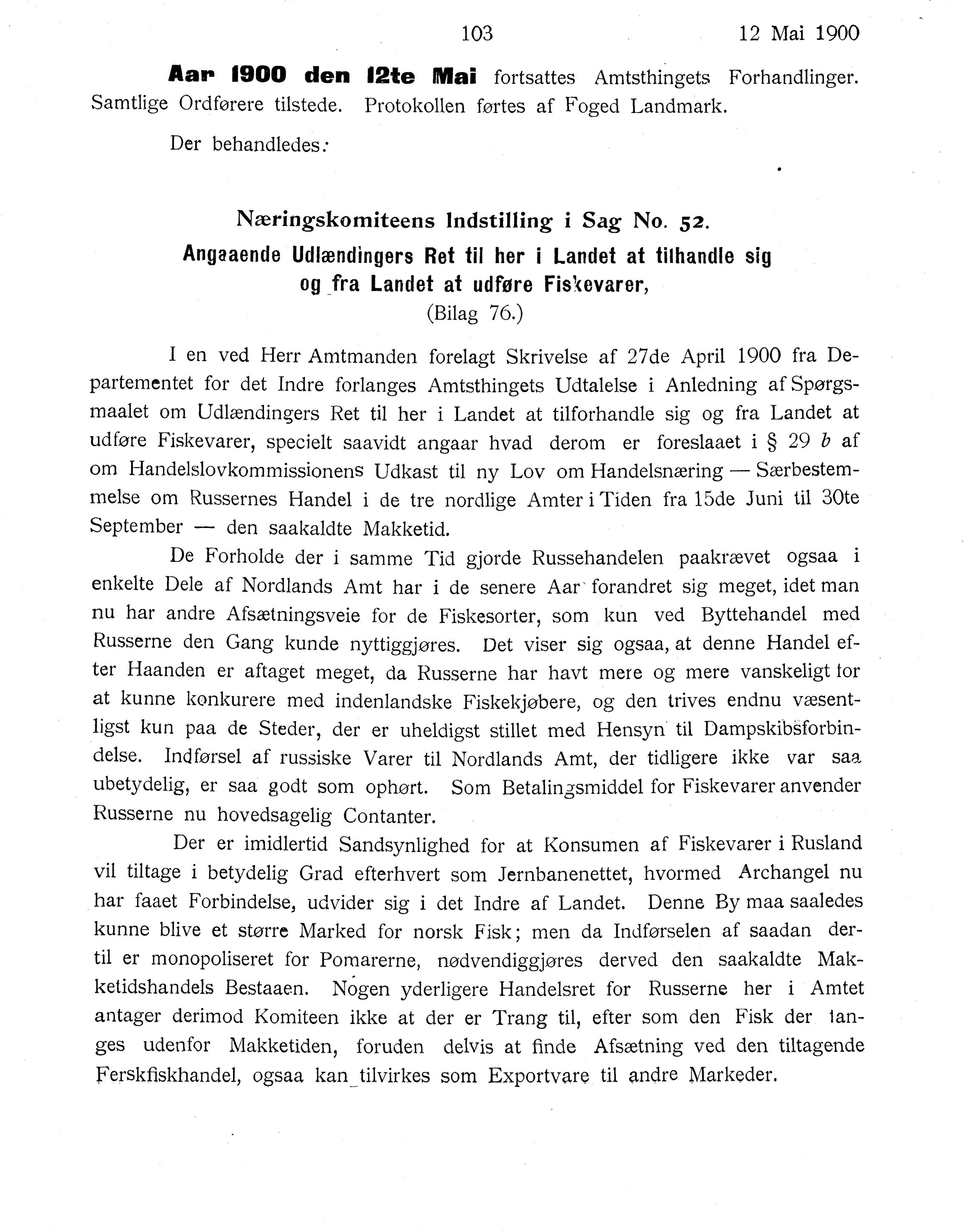 Nordland Fylkeskommune. Fylkestinget, AIN/NFK-17/176/A/Ac/L0023: Fylkestingsforhandlinger 1900, 1900, p. 103