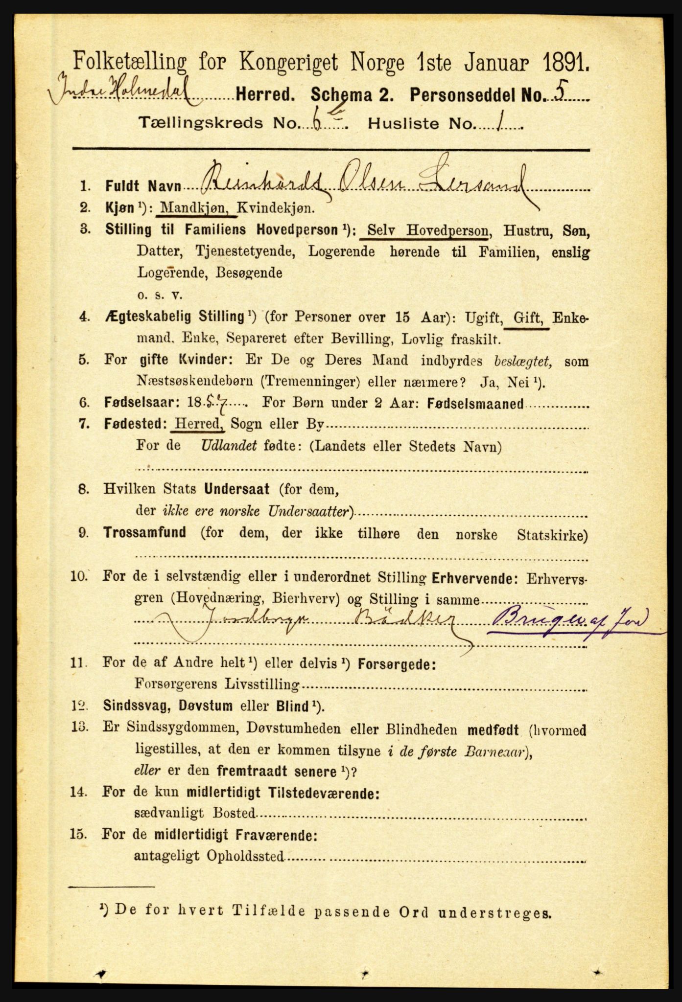 RA, 1891 census for 1430 Indre Holmedal, 1891, p. 2869