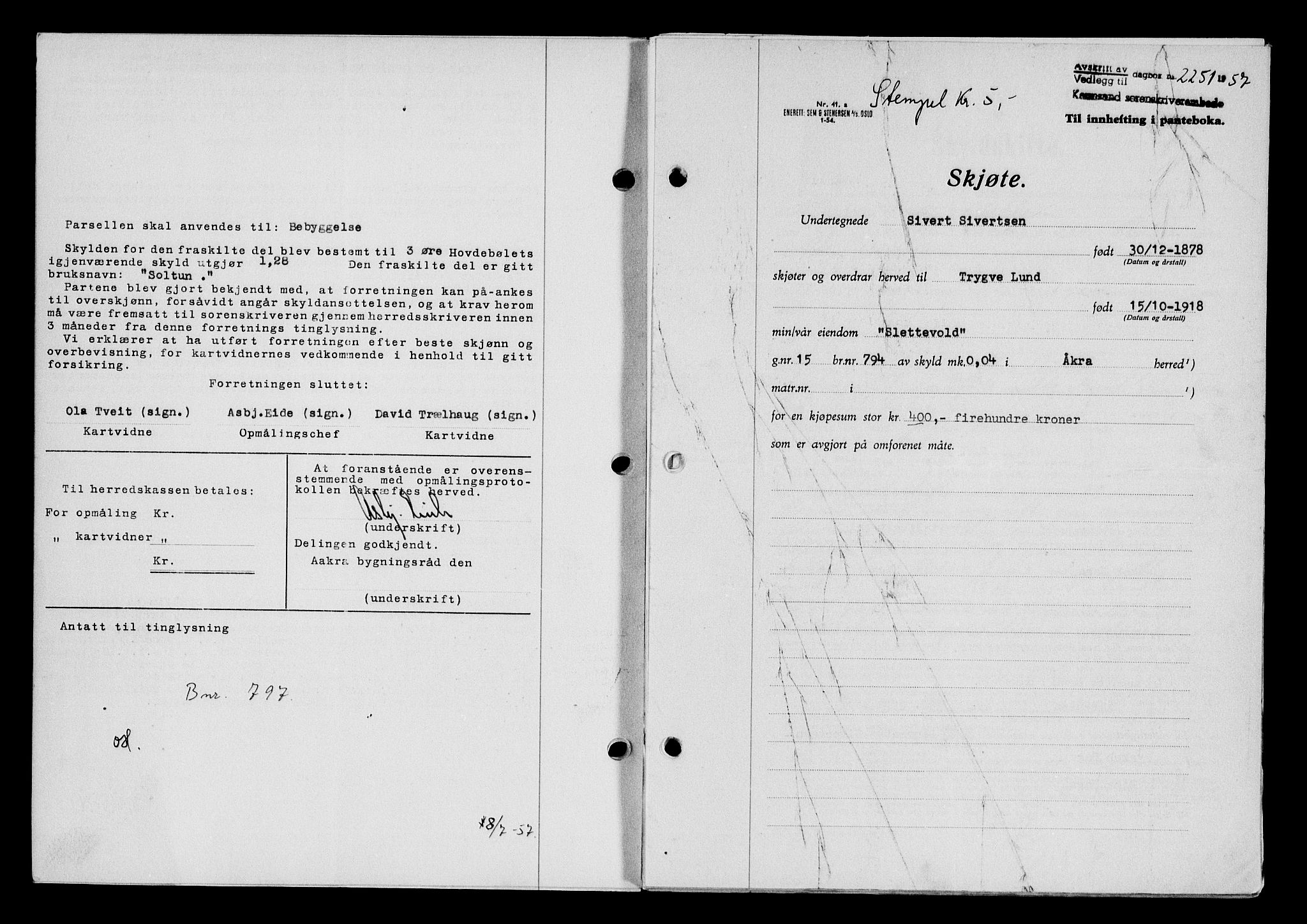 Karmsund sorenskriveri, AV/SAST-A-100311/01/II/IIB/L0125: Mortgage book no. 105A, 1957-1957, Diary no: : 2251/1957