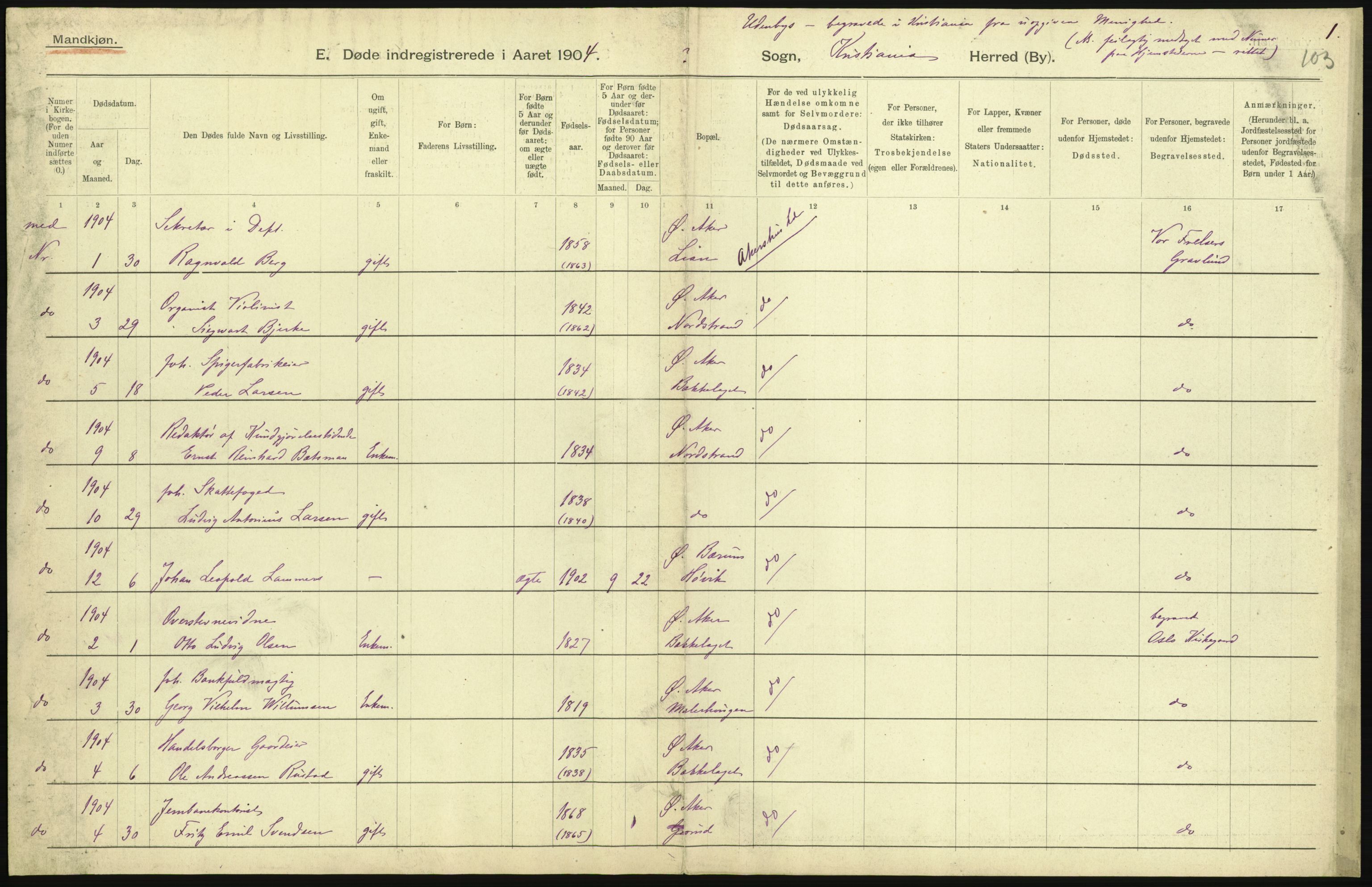 Statistisk sentralbyrå, Sosiodemografiske emner, Befolkning, AV/RA-S-2228/D/Df/Dfa/Dfab/L0004: Kristiania: Gifte, døde, 1904, p. 491