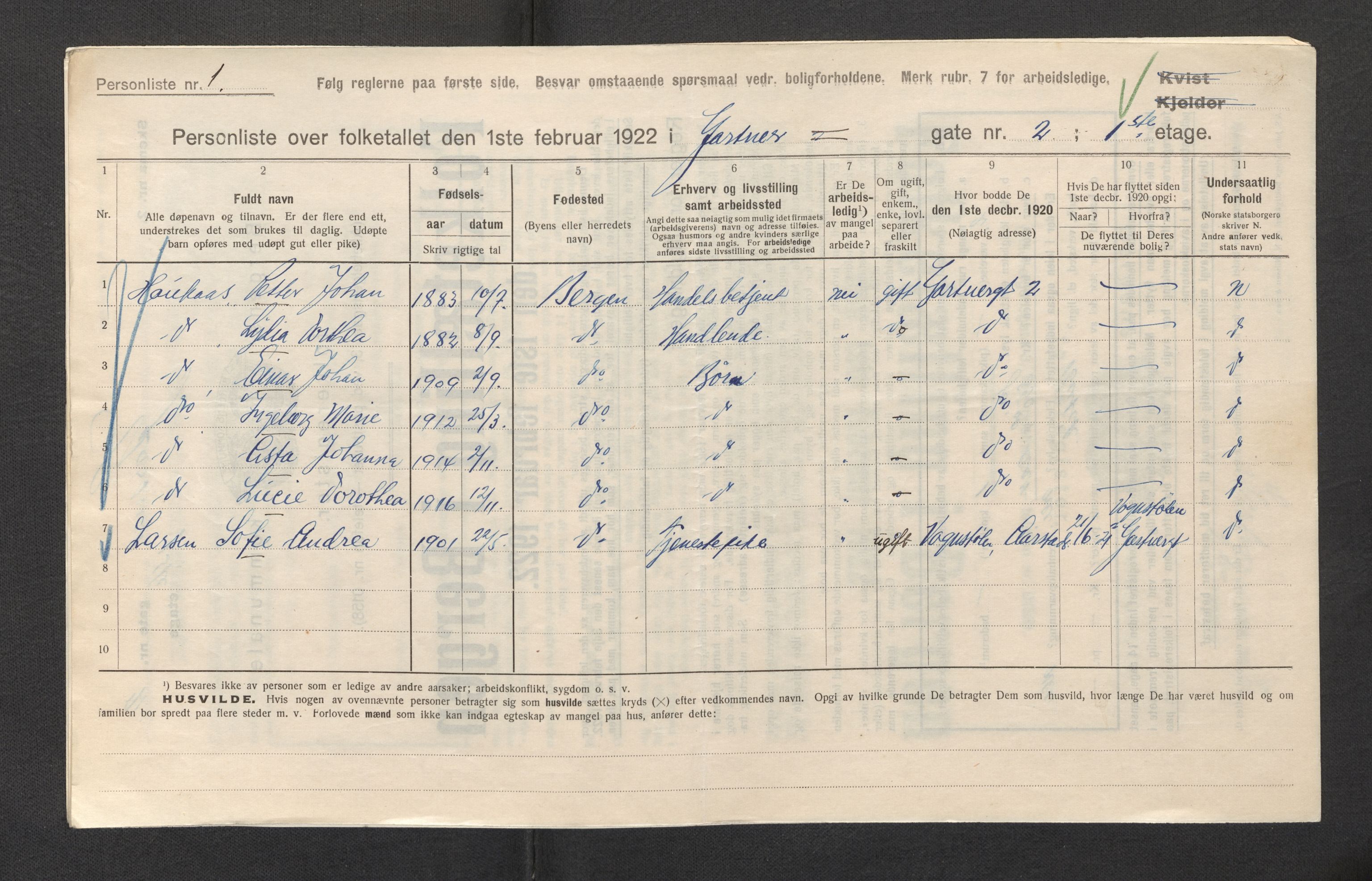 SAB, Municipal Census 1922 for Bergen, 1922, p. 10388