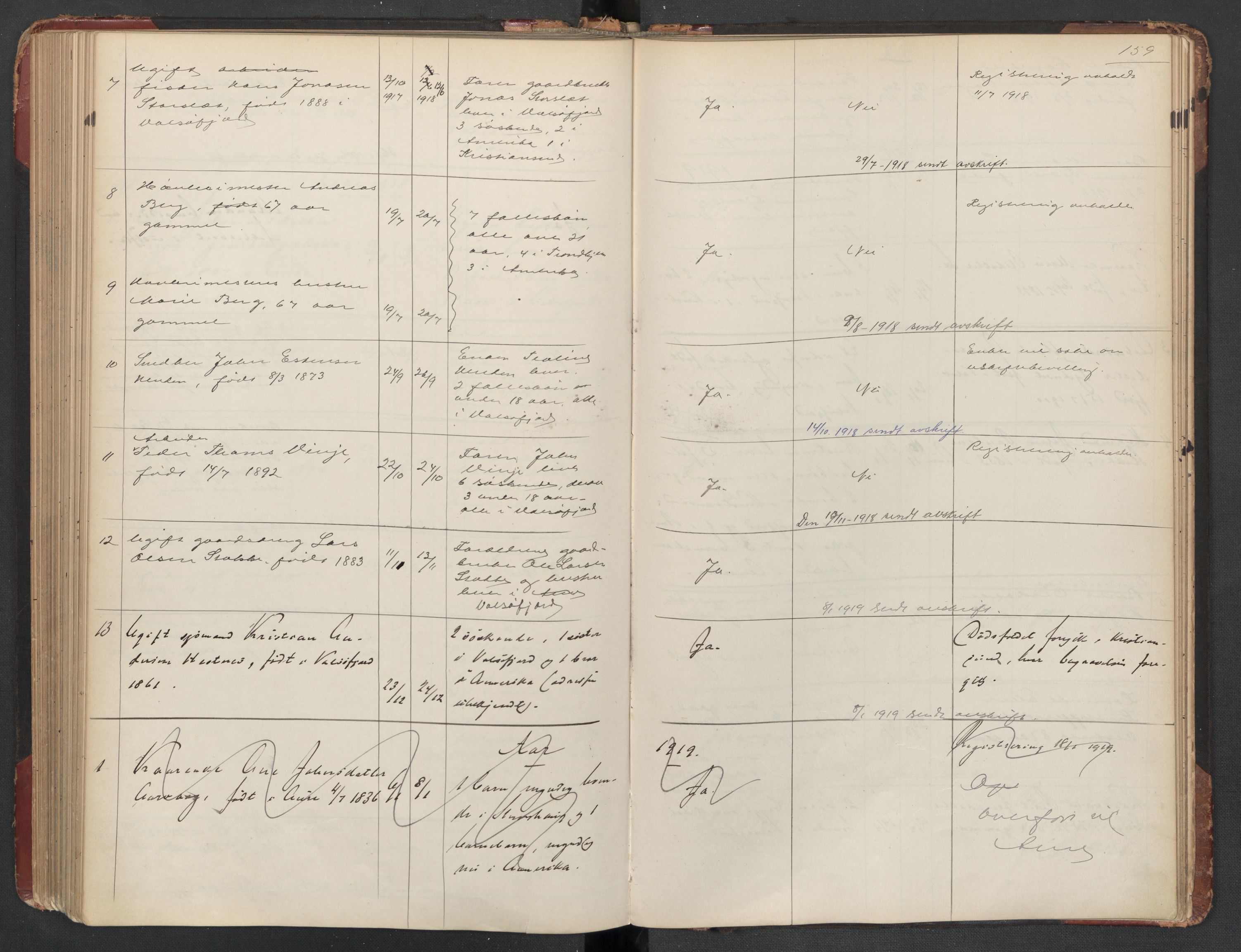 Aure lensmannskontor, SAT/A-1088/1/02/L0003: 2.01.03 Dødsfallsprotokoll, 1906-1926, p. 159