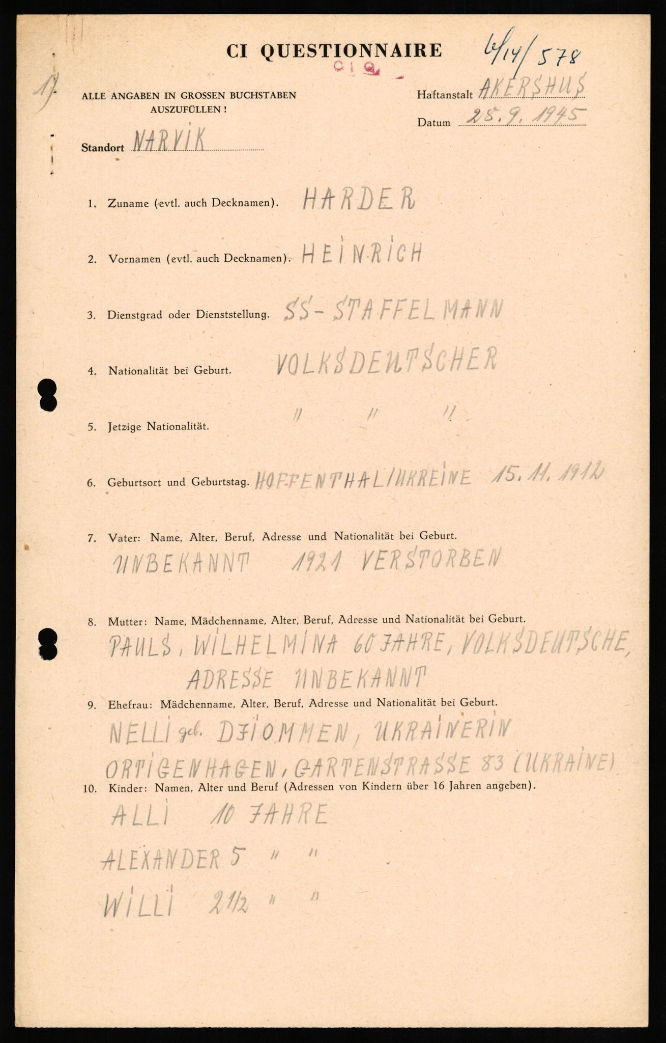 Forsvaret, Forsvarets overkommando II, AV/RA-RAFA-3915/D/Db/L0012: CI Questionaires. Tyske okkupasjonsstyrker i Norge. Tyskere., 1945-1946, p. 14