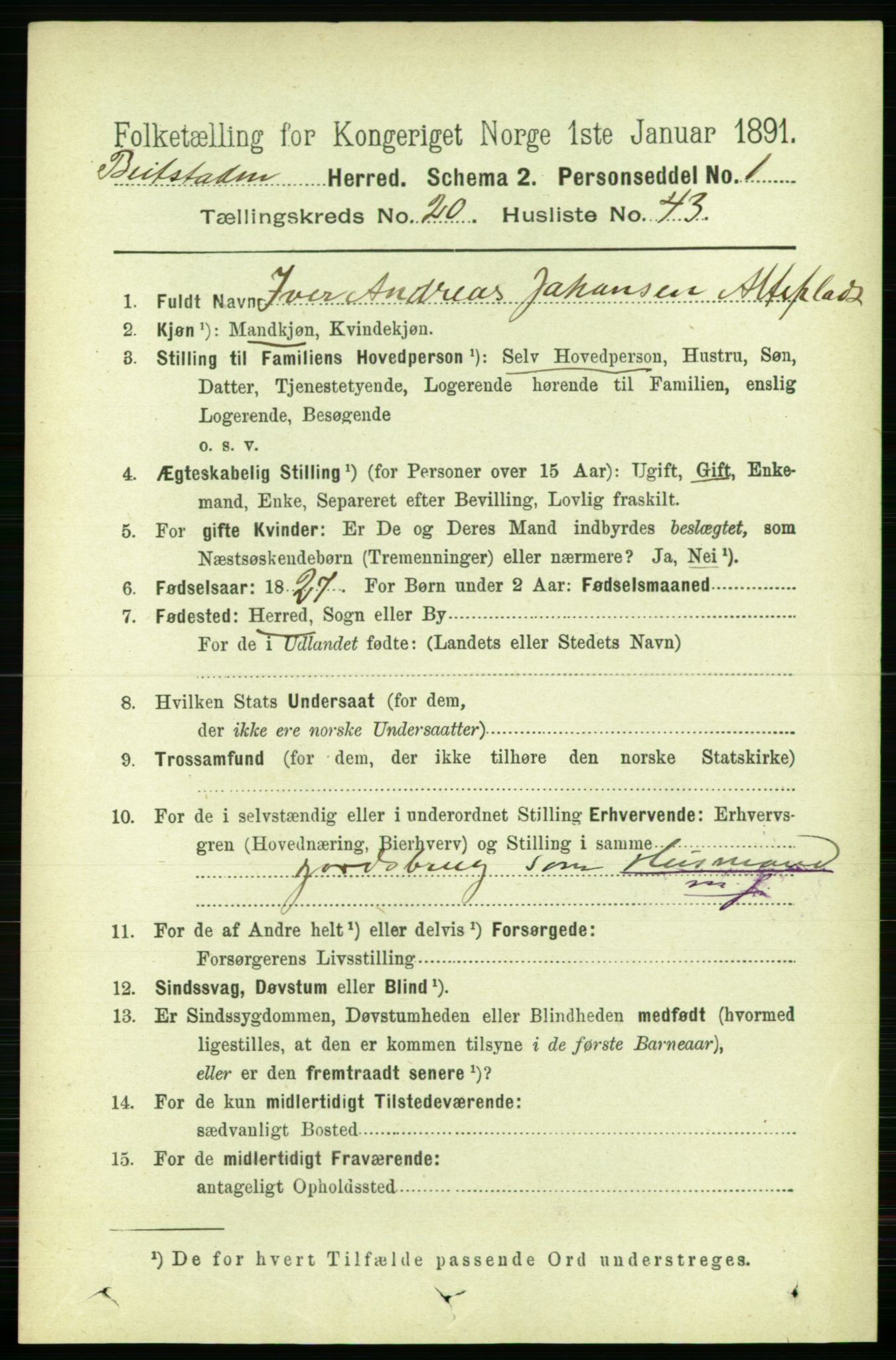 RA, 1891 census for 1727 Beitstad, 1891, p. 5373