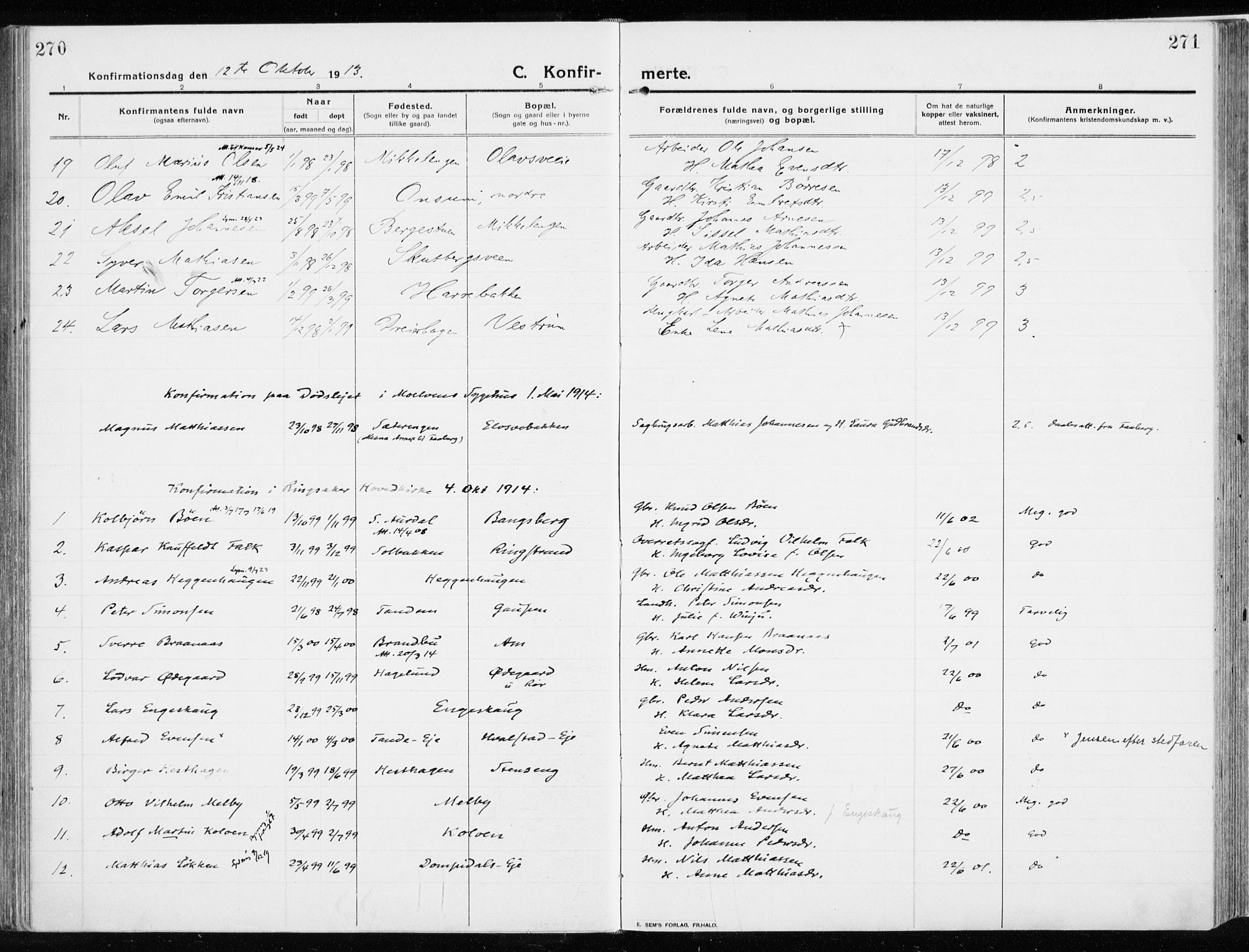 Ringsaker prestekontor, AV/SAH-PREST-014/K/Ka/L0020: Parish register (official) no. 20, 1913-1922, p. 270-271