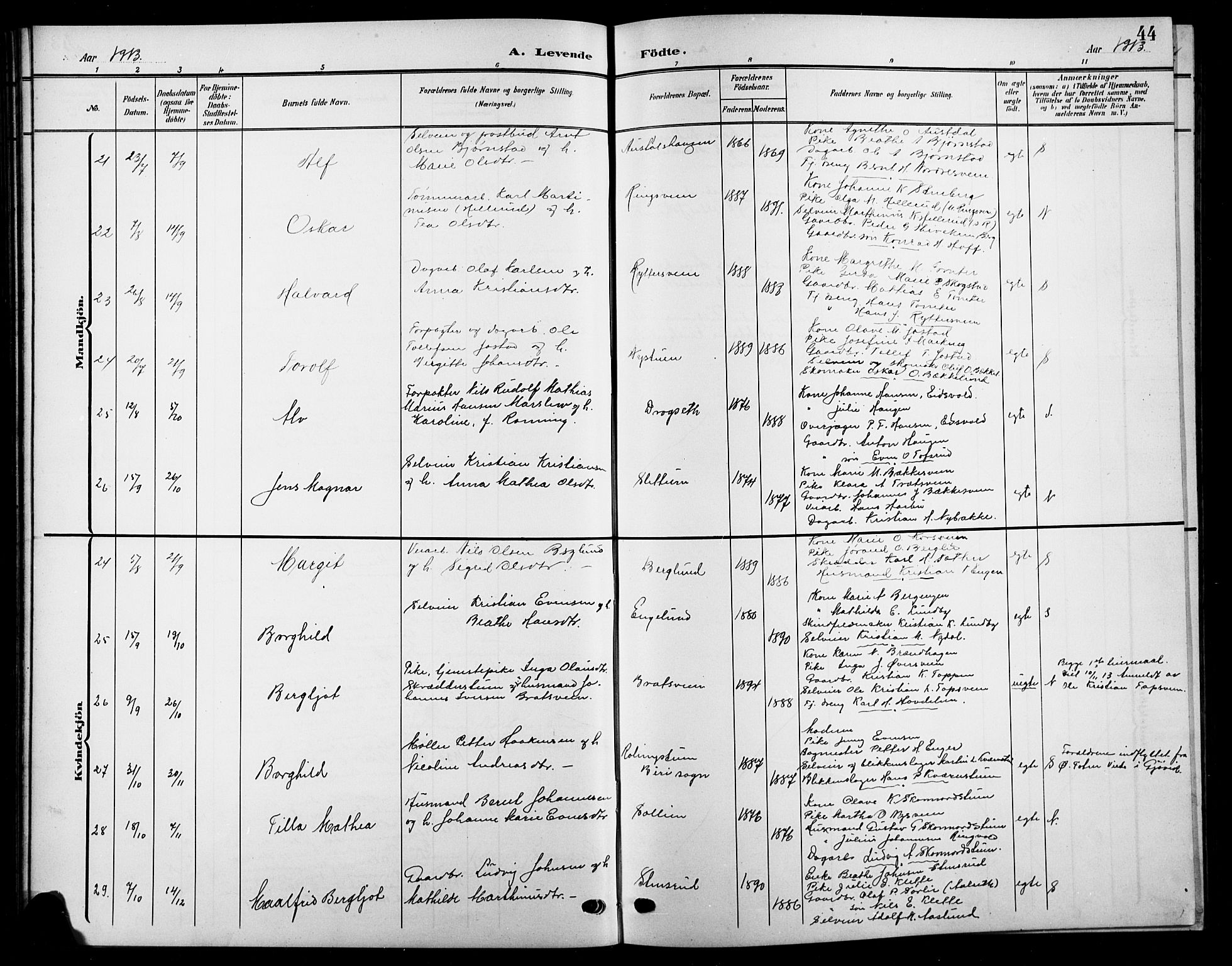 Biri prestekontor, SAH/PREST-096/H/Ha/Hab/L0005: Parish register (copy) no. 5, 1906-1919, p. 44