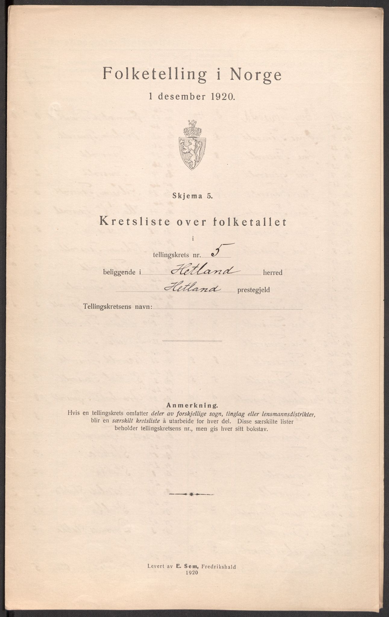 SAST, 1920 census for Hetland, 1920, p. 99