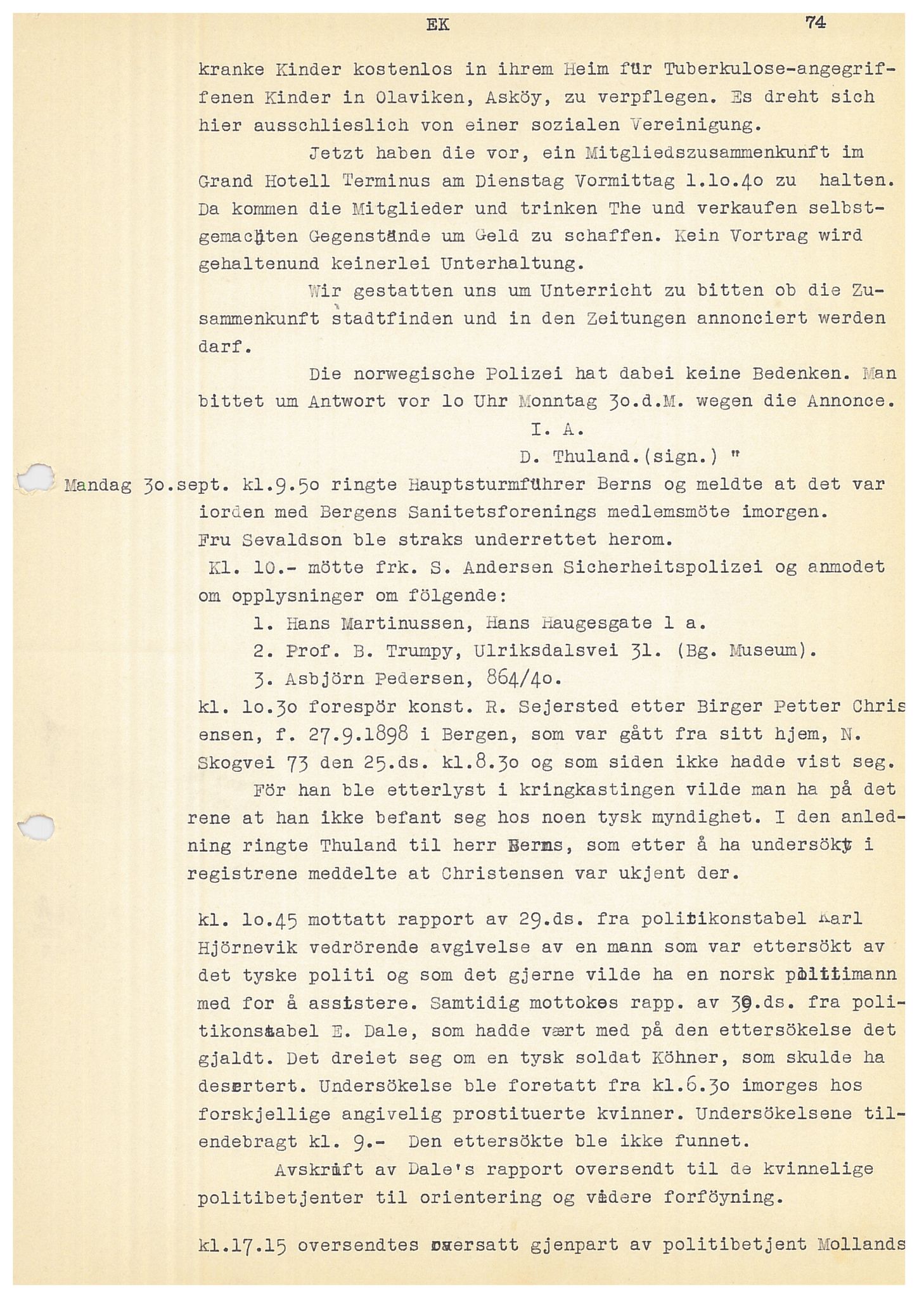 Bergen politikammer / politidistrikt, SAB/A-60401/Y/Ye/L0001: Avskrift av krigsdagbok av Dankert Thuland, 1940-1941, p. 74