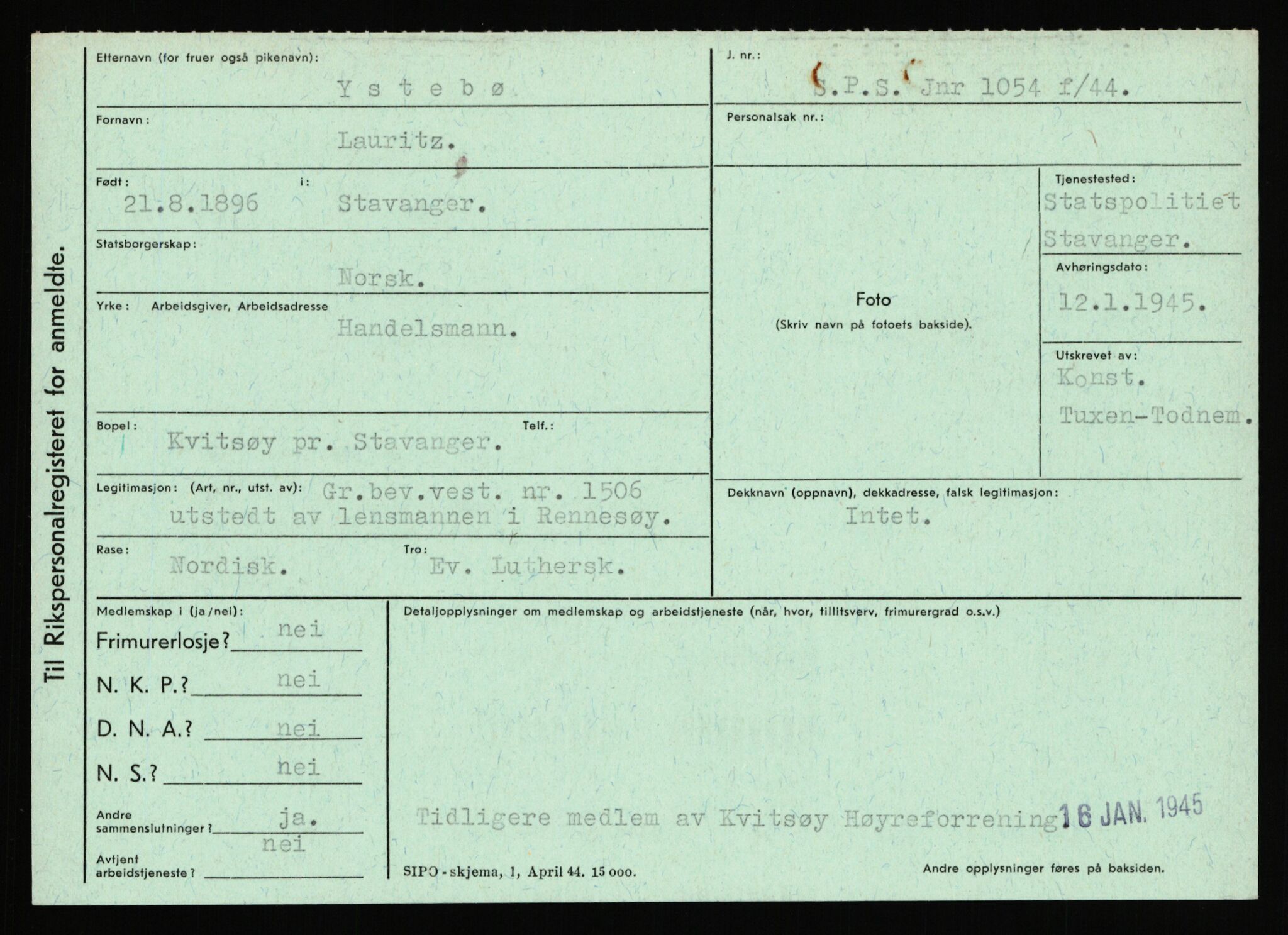 Statspolitiet - Hovedkontoret / Osloavdelingen, AV/RA-S-1329/C/Ca/L0016: Uberg - Øystese, 1943-1945, p. 3233