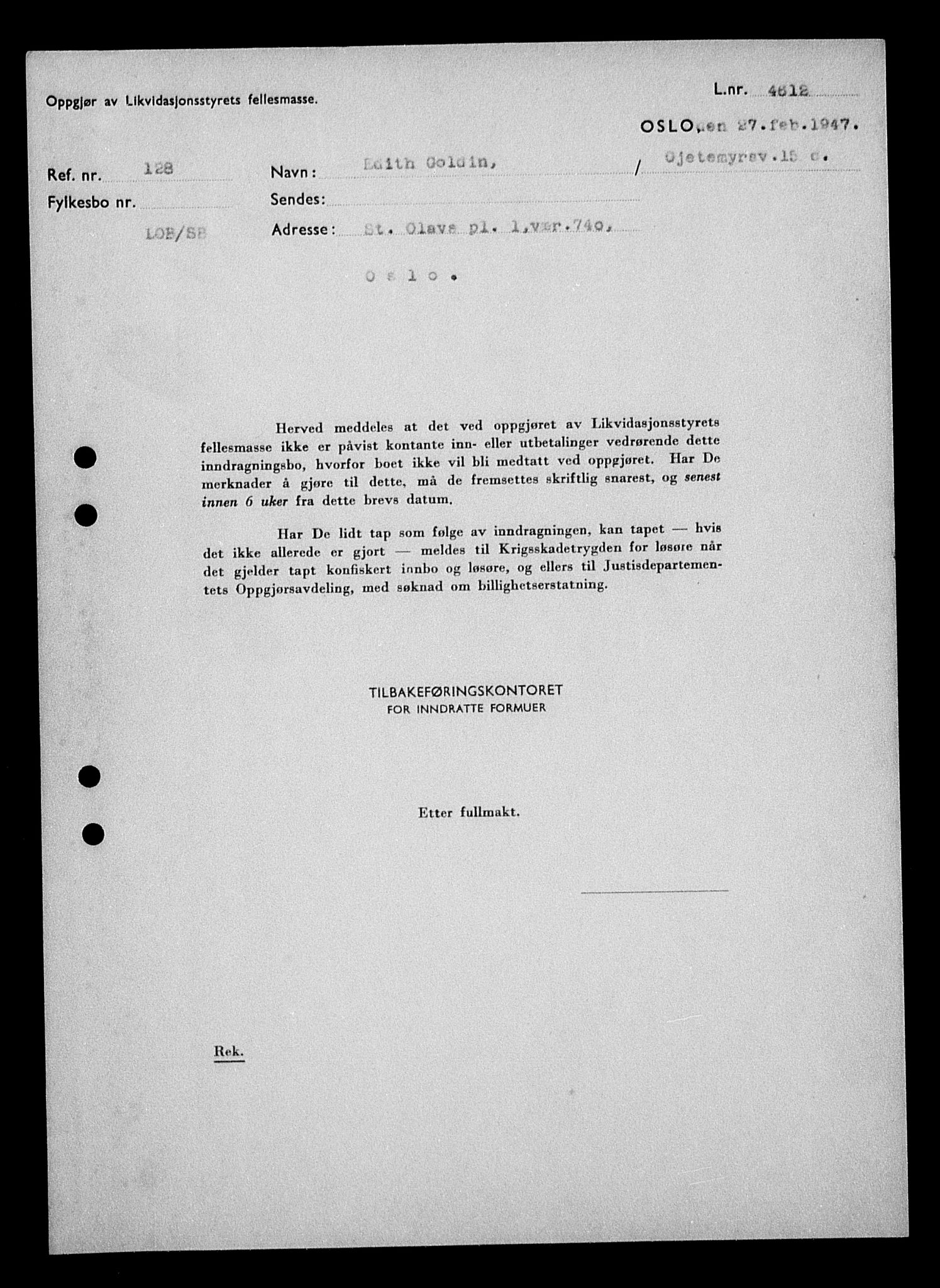 Justisdepartementet, Tilbakeføringskontoret for inndratte formuer, RA/S-1564/H/Hc/Hcc/L0939: --, 1945-1947, p. 451