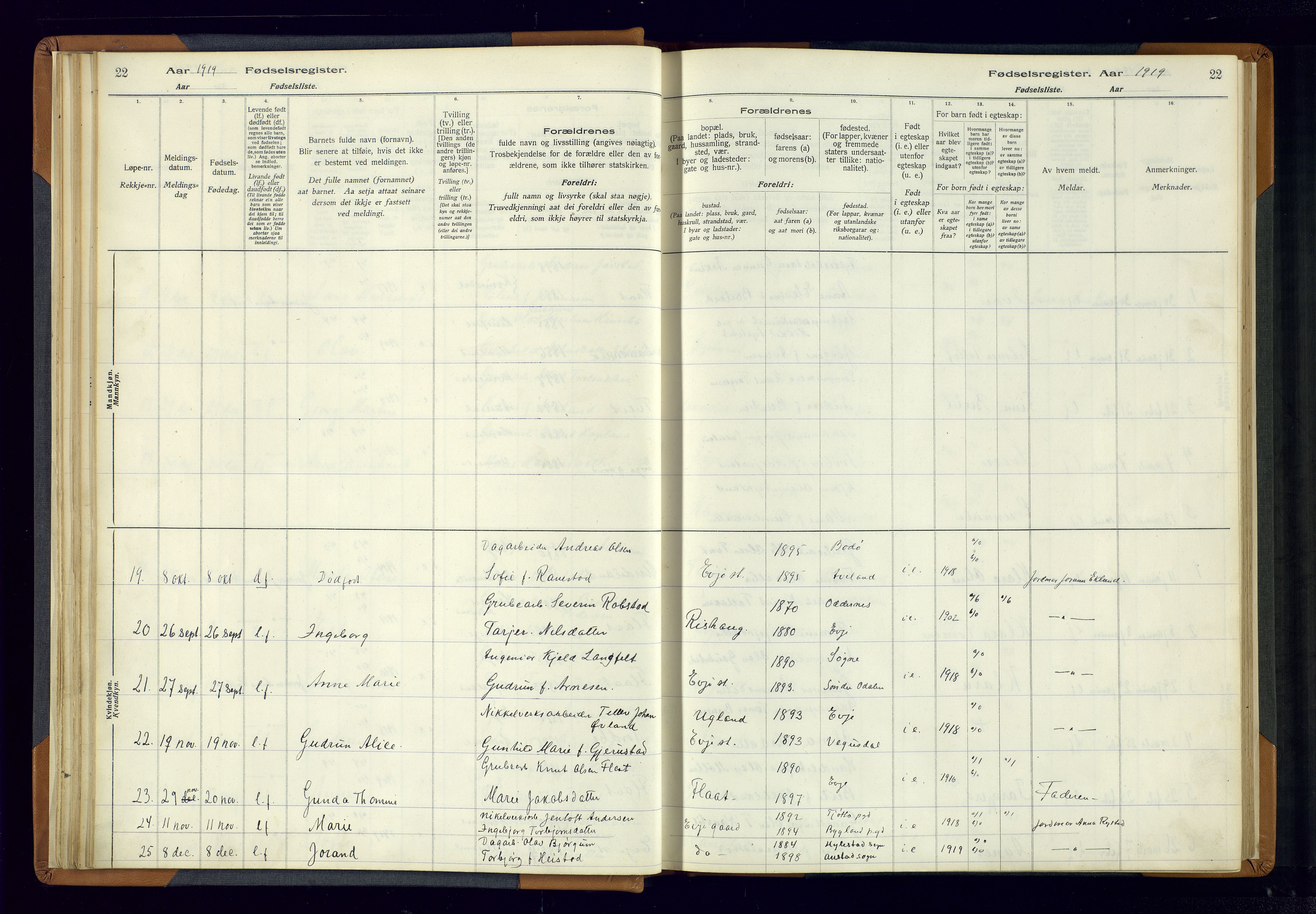 Evje sokneprestkontor, AV/SAK-1111-0008/J/Jc/L0004: Birth register no. 4, 1916-1968, p. 22