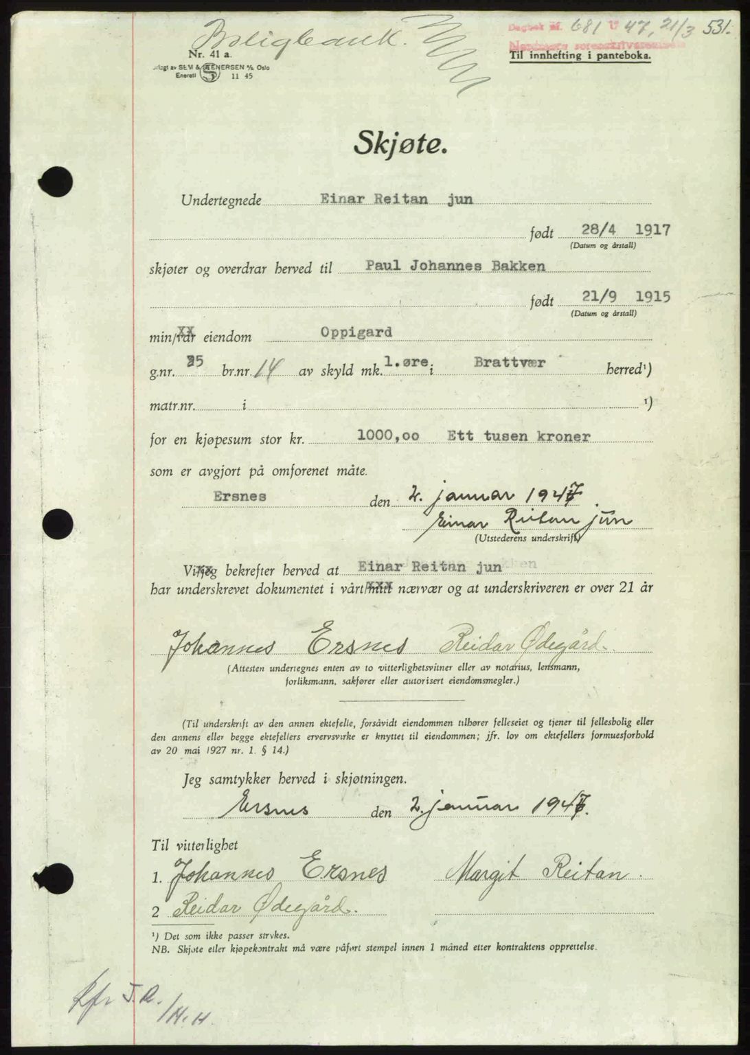 Nordmøre sorenskriveri, AV/SAT-A-4132/1/2/2Ca: Mortgage book no. A104, 1947-1947, Diary no: : 681/1947