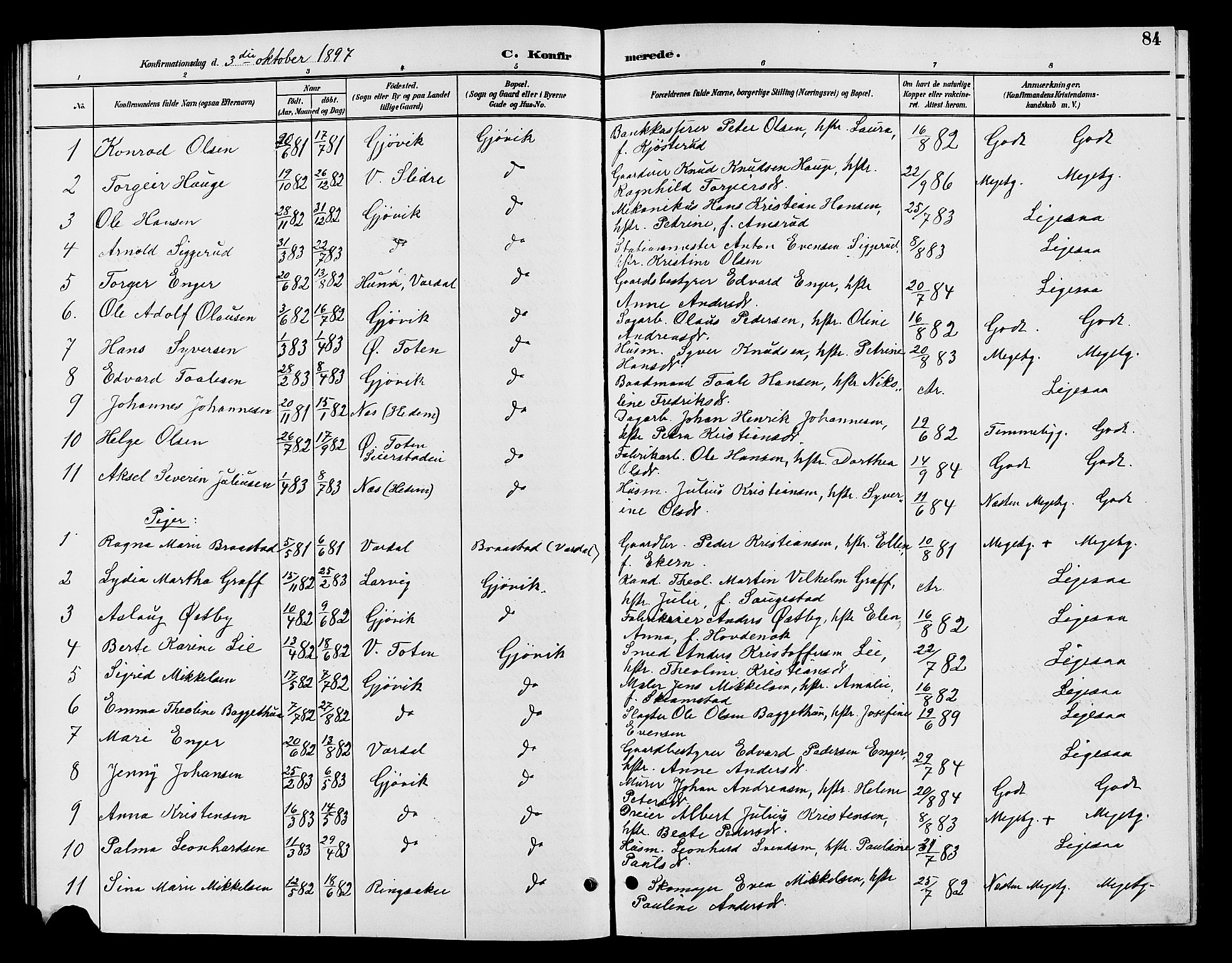 Vardal prestekontor, SAH/PREST-100/H/Ha/Hab/L0009: Parish register (copy) no. 9, 1894-1902, p. 84