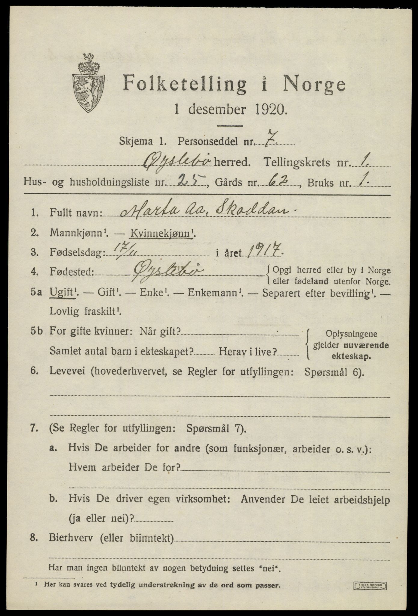 SAK, 1920 census for Øyslebø, 1920, p. 722