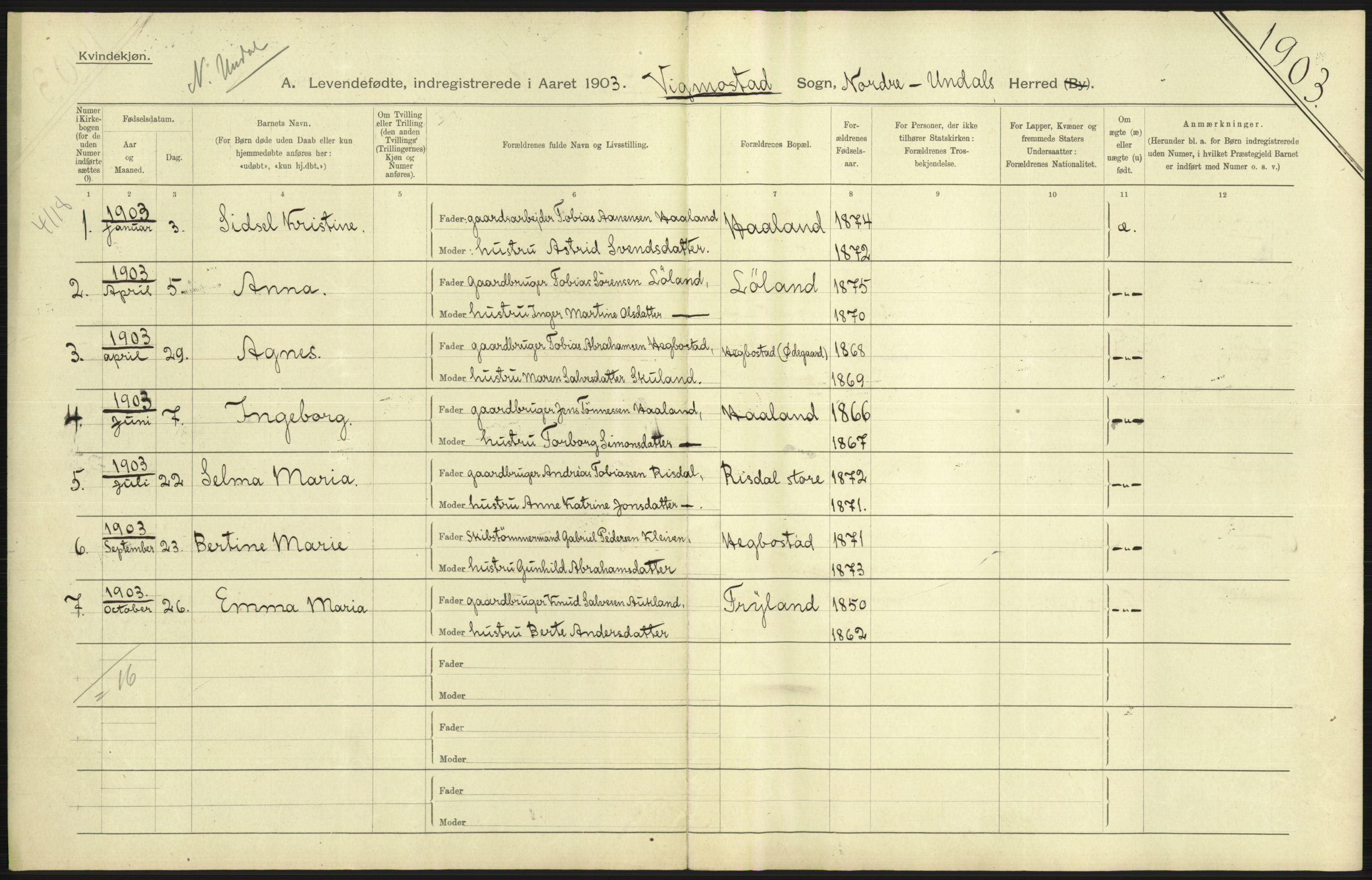 Statistisk sentralbyrå, Sosiodemografiske emner, Befolkning, AV/RA-S-2228/D/Df/Dfa/Dfaa/L0011: Lister og Mandal amt: Fødte, gifte, døde, 1903, p. 111