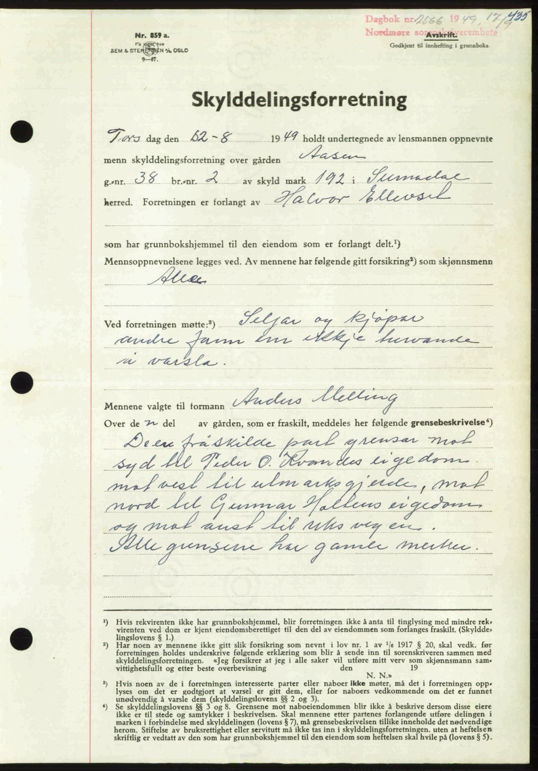 Nordmøre sorenskriveri, AV/SAT-A-4132/1/2/2Ca: Mortgage book no. A112, 1949-1949, Diary no: : 2566/1949