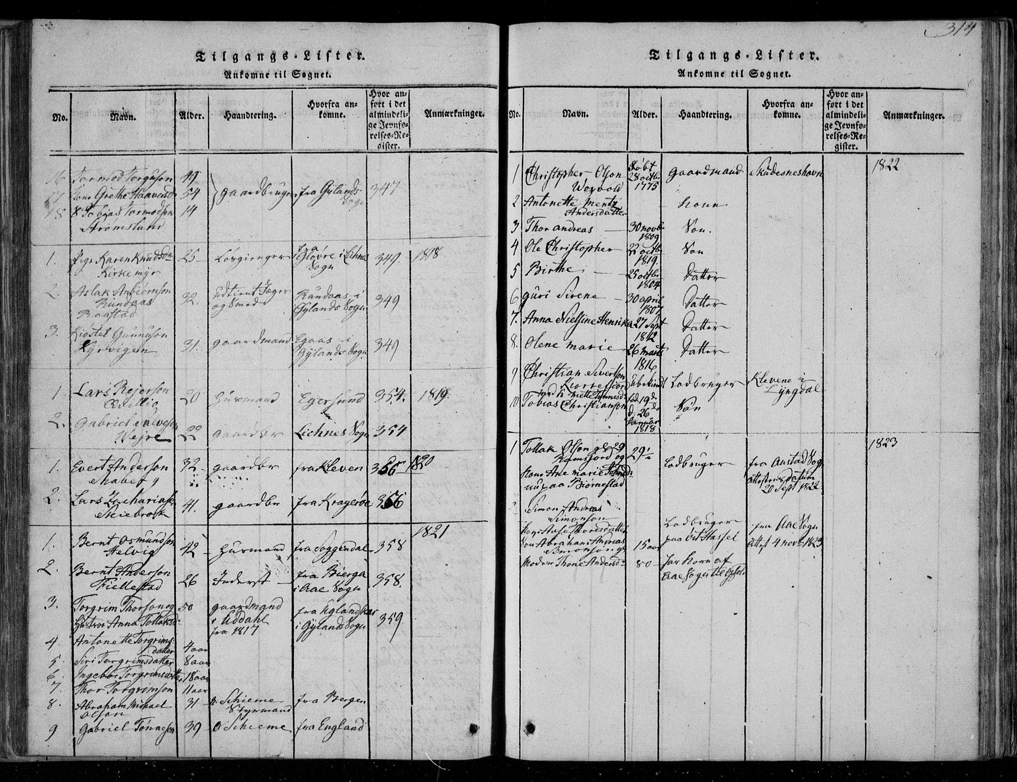 Lista sokneprestkontor, SAK/1111-0027/F/Fa/L0007: Parish register (official) no. A 7, 1816-1823, p. 314